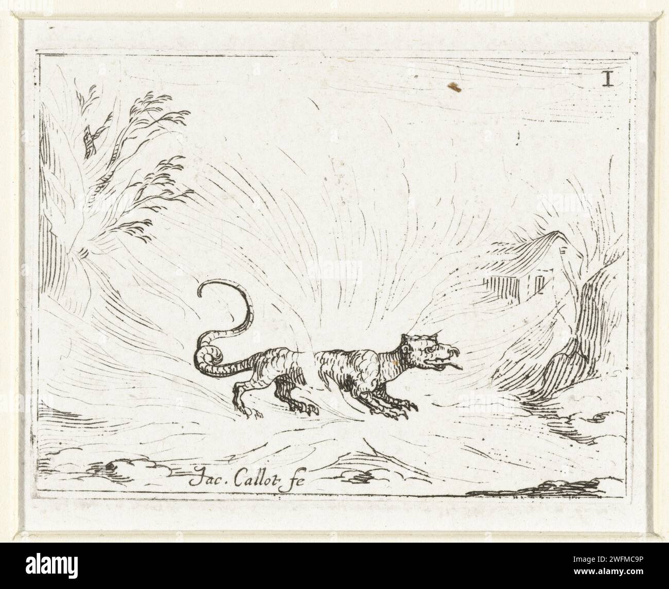 Salamander in the fire, Jacques Callot, 1646 print Presentation of a salamander surrounded by flames. On the right in the background a house. This magazine is part of the emblem series 'Life of Maria in Emblemen'. In addition to a title page and 26 emblems, the first state of this series also includes three blades with hymns on Maria in book print without image. print maker: Nancypublisher: Paris paper etching salamander (fabulous animal); salamander as spirit of fire Stock Photo