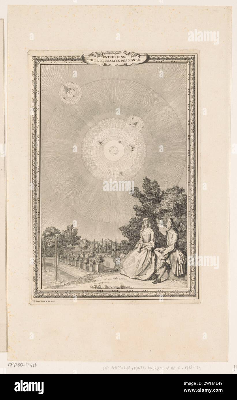 A man points a woman in the heavenly atmosphere, Bernard Picart, 1727 print A couple is in a garden. The man points the woman in the heavenly atmosphere. They are depicted in the sky as circles consisting of clear rays and flames. Amsterdam paper etching / engraving spheres  heavens. garden Stock Photo