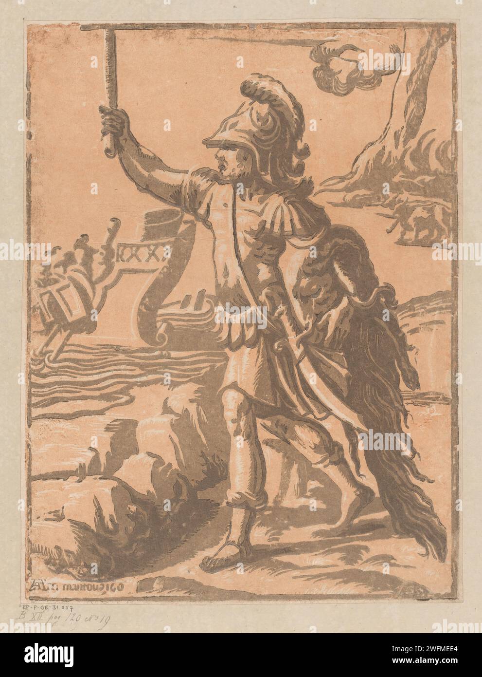 Jason with the Golden Vlies, Anonymous, After Parmigianino, 1601 - 1609 print Jason dressed in armor with raised sword after he has won the Golden Fleece. after design by: Italypublisher: Mantua paper  the Golden Fleece, hanging on an oak-tree, is seized by Jason. the Argonauts and Medea go aboard, pursued by the Colchians Stock Photo