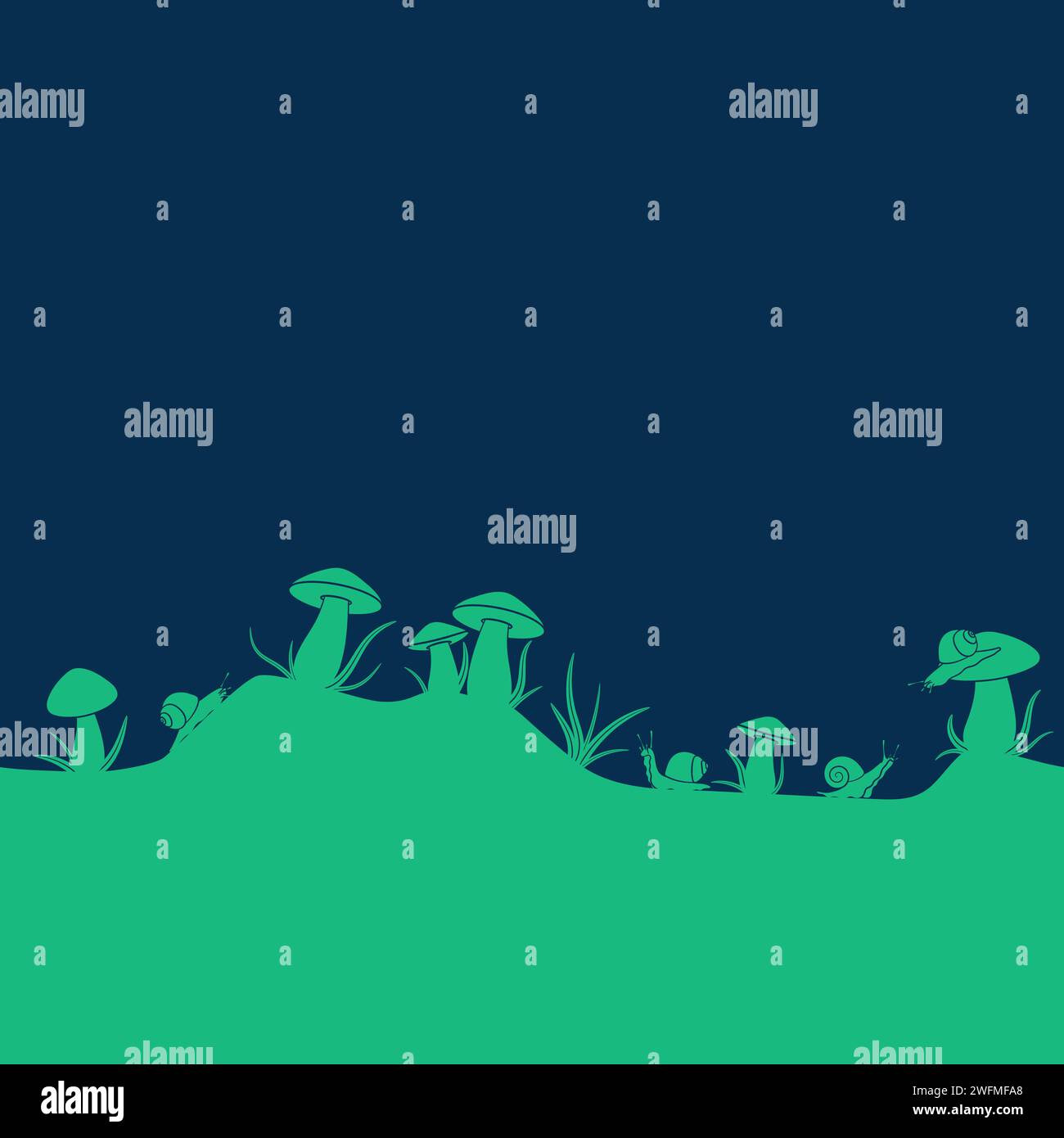 Horizontal seamless pattern with mushrooms and snails. Color vector illustration with isolated objects. Stock Vector