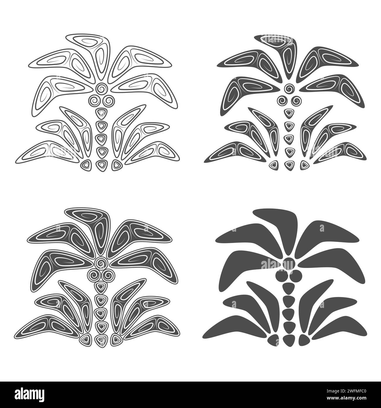 Abstract vector illustration with tropical palm tree. Black and white isolated objects in polynesia style on white background. Stock Vector