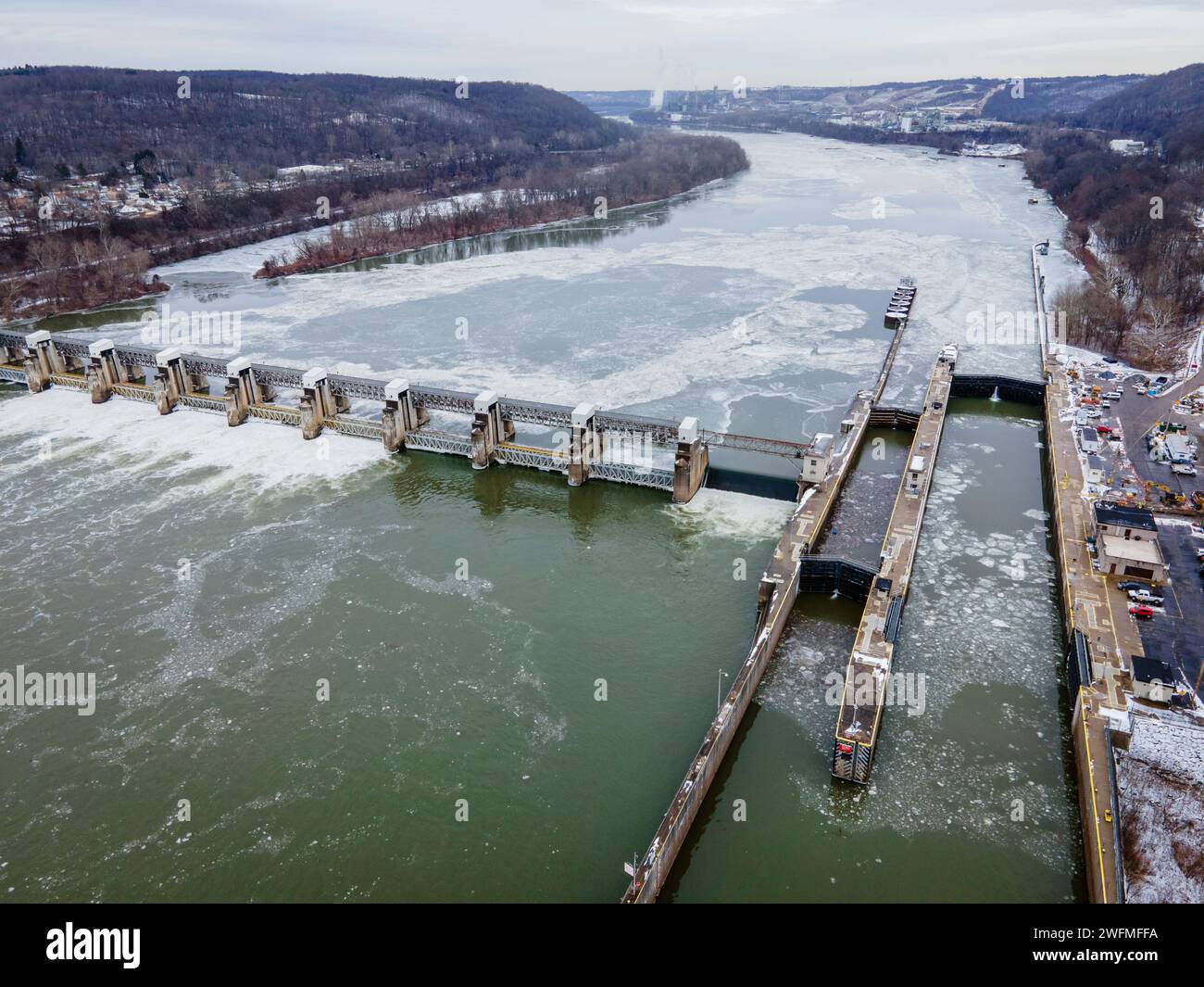 An aerial view shows icy waters on Ohio River flowing through the