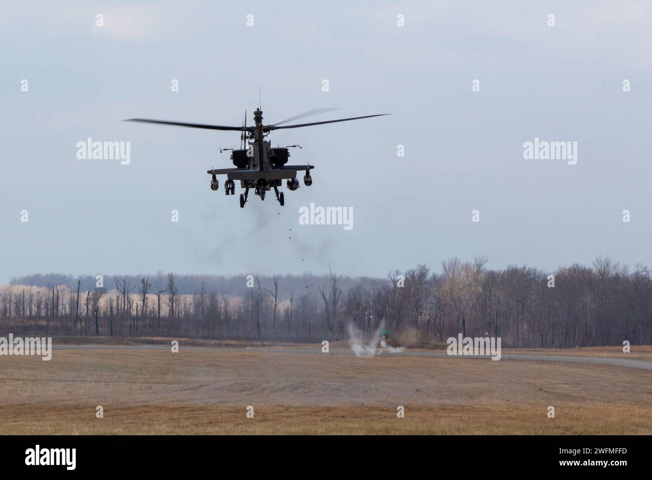 Soldiers from Alpha company, 2nd squadron, 17th Cavalry Regiment, 101st Combat Aviation Brigade, 101st Airborne Division (Air Assault) and 4-2 Attack Battalion, 2nd Combat Aviation Brigade, 2nd Infantry Division, conduct a gunnary range, Jan 30, 2024, Fort Campbell, Ky.  The 101st is committed to building individual, collective, and staff training readiness; test soldier and leader resilience; train tactical fieldcraft; while improving divison and army wide lethality. Stock Photo