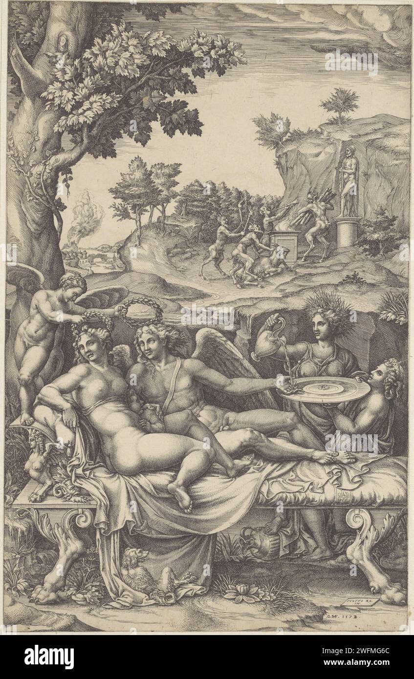 Amor en psych, Giorgio Ghisi, after Giulio Romano, 1574 print Amor and Psyche are in a chaise longue in a landscape with their child (Voluptas). A winged figure keeps laurel wreaths above the heads of Amor and Psyche. On the right, Ceres poured water on the hand of Amor. His hand leans on a scale that is worn by Juno. In the background a group of saters who sacrifice a goat for a statue of God. There is a dog in the foreground. print maker: Italyafter design by: Mantua paper engraving Cupid and Psyche as lovers Stock Photo