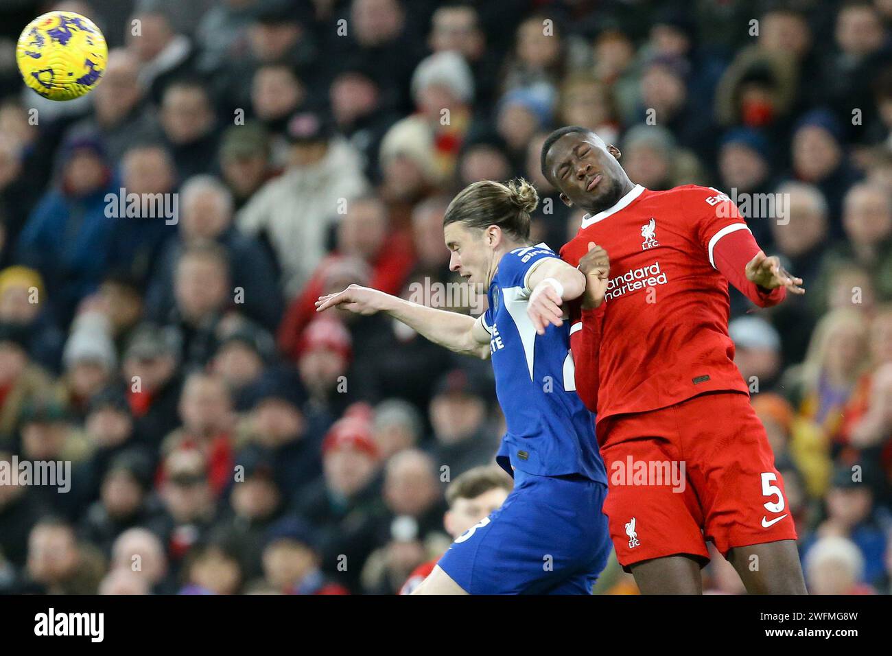 Liverpool, UK. 31st Jan, 2024. Conor Gallagher of Chelsea and Ibrahima Konate of Liverpool jump for the ball. Premier League match, Liverpool v Chelsea at Anfield in Liverpool on Wednesday 31st January 2024. this image may only be used for Editorial purposes. Editorial use only. pic by Chris Stading/Andrew Orchard sports photography/Alamy Live news Credit: Andrew Orchard sports photography/Alamy Live News Stock Photo