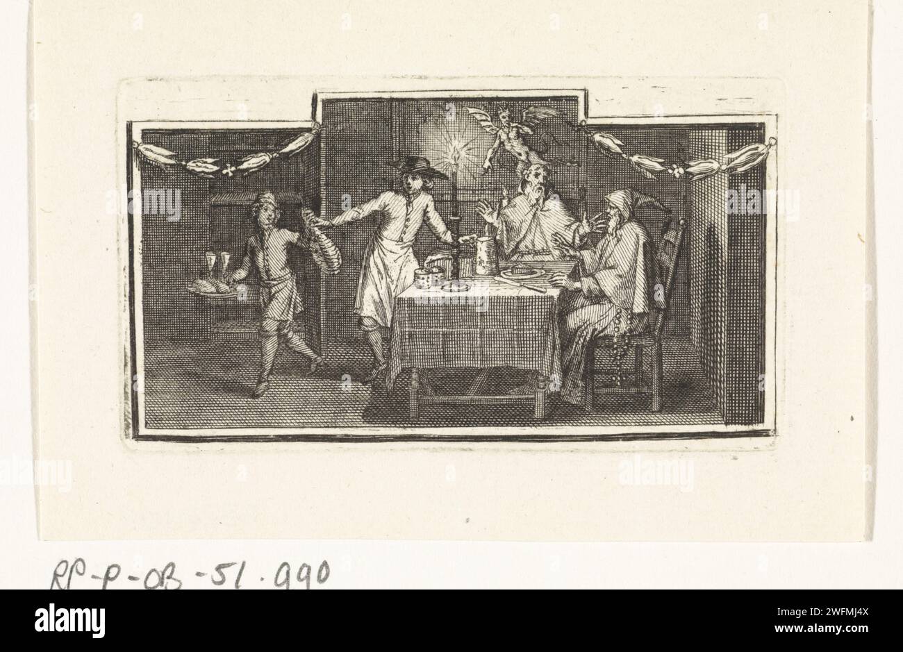 Wizards at a table and the appearance of a demon, Anonymous, 1683 - 1783 print Two wizards are sitting at a table while a demon appears. Two men serve them. Netherlands paper etching / engraving devil(s) and demons. sorcerer, magician, wizard, warlock Stock Photo