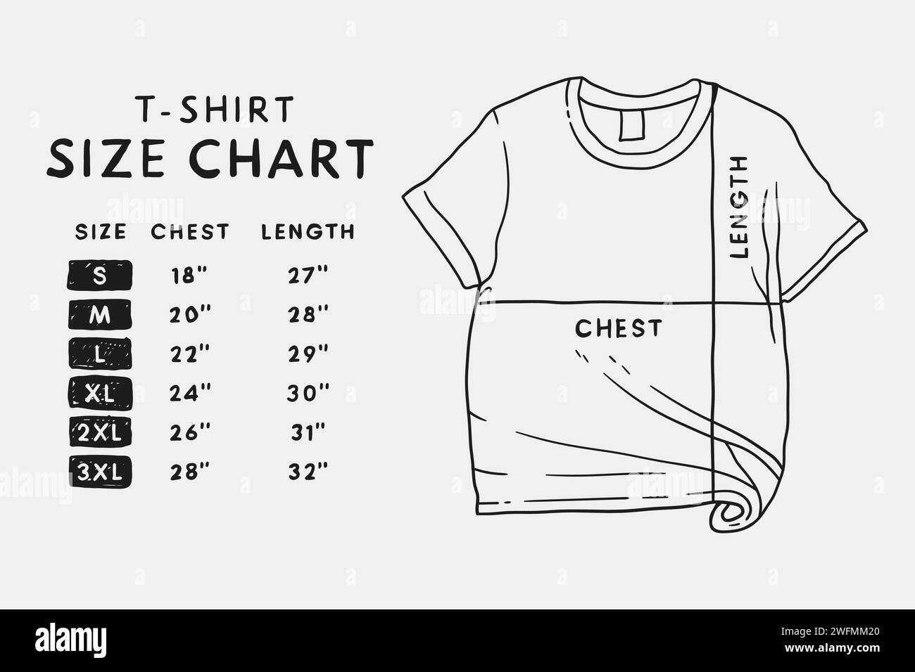 Black and white line drawing of a tshirt size chart Stock Vector Image & Art Alamy