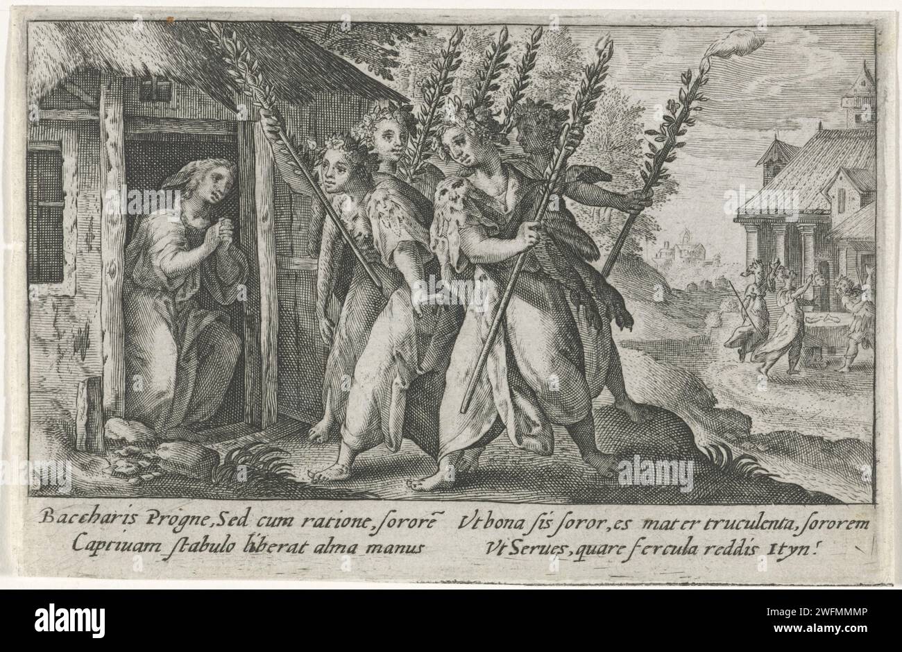 Procne frees Philomela, Crispijn van de Passe (I), 1602 - 1607 print During the Bacchus party, Procne Philomela discovers that is locked up in the stable. She frees her sister and makes revenge. On the right in the background, Philomela shows the cut head of Itys to Tereus, who has just eaten the body of his son. In the margin a four -line caption, in two columns, in Latin. Cologne paper engraving during a festival of Bacchus Procne liberates her sister Philomela. the banquet of Tereus; when the sisters show the head of Itys, to convince Tereus he is feasting on his flesh, he draws his sword t Stock Photo