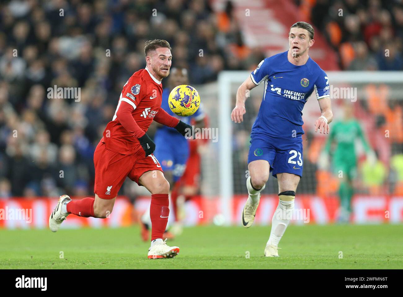 Liverpool, UK. 31st Jan, 2024. Alexis Mac Allister of Liverpool (l) and Conor Gallagher of Chelsea in action. Premier League match, Liverpool v Chelsea at Anfield in Liverpool on Wednesday 31st January 2024. this image may only be used for Editorial purposes. Editorial use only. pic by Chris Stading/Andrew Orchard sports photography/Alamy Live news Credit: Andrew Orchard sports photography/Alamy Live News Stock Photo