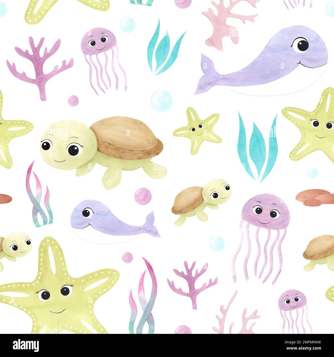 Watercolor seamless pattern of beautiful cute sea animals with big eyes: turtle, whale,starfish, jellyfish and corals. Illustrations for design, , bab Stock Photo