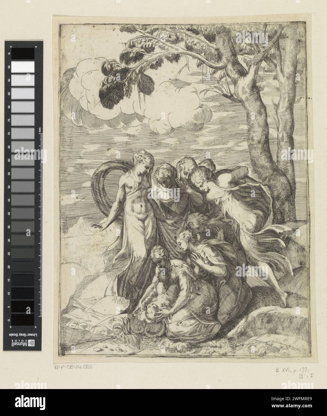 Moses Saved from the Nile, Battista Angolo del Moro, 1524 - 1575 print Moses is saved from the Nile by a group of six women. Italy paper etching Moses is pulled out of the water by the servants Stock Photo