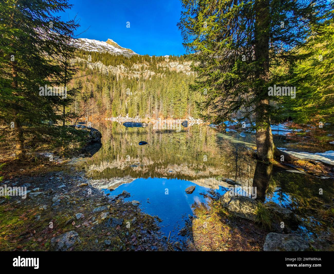 Winter views of Lac Vert "Green lake" near Passy. Alps. France Stock Photo
