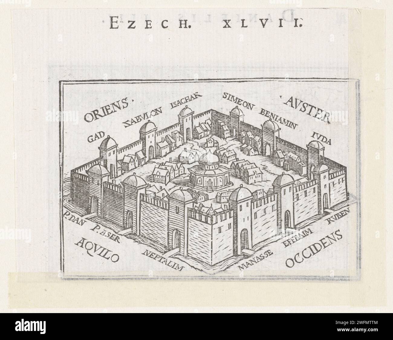 Heavenly city in Visioen van Ezekiel, Hans Holbein (II), 1538 print The heavenly city with the new temple as Ezekiel sees it in a vision. The wind directions are indicated and at the gates are names of the tribes of Israel. In the margin above the image is the text Ezek. XLVII.  paper  Ezekiel's vision of the new temple (Ezekiel 40 - 47:12) Stock Photo