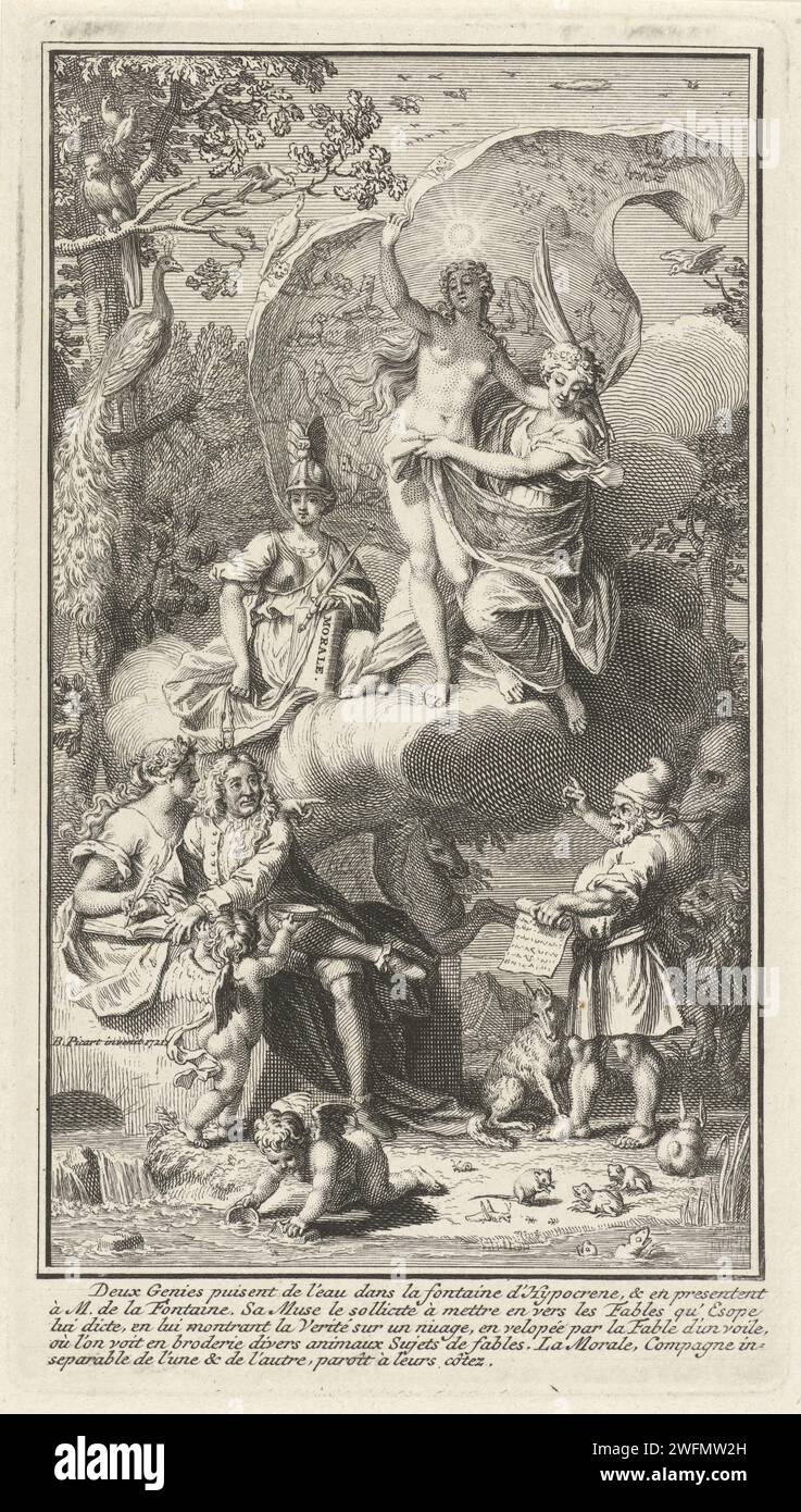 Allegorical title page with the writer Jean de la Fontaine and his muse, Bernard Picart (workshop of), After Bernard Picart, 1721 print The writer Jean de la Fontaine writes in a book and is accompanied by his muse. A putto brings him a nap with water from the hippocrene, the river on the Mount Helicon and the source of poetic inspiration. He looks at the Greek fable writer Aesop who points to heaven where a cloud of truth and fable. Above them a cloth on which various fables are depicted. In the margin a five -line caption in French. Amsterdam paper etching / engraving inspiration of the poet Stock Photo
