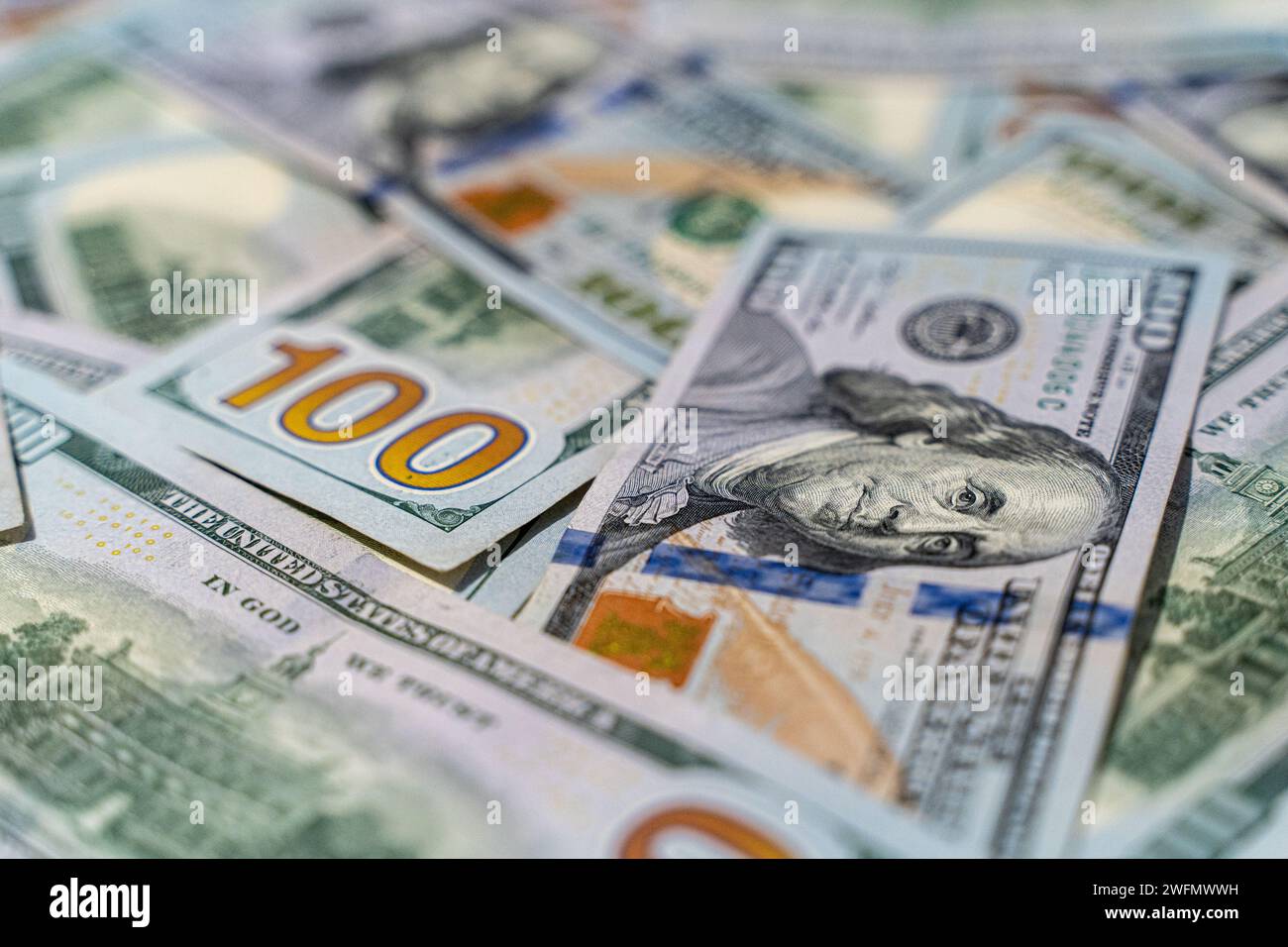 Close up view of cash money, 100 one hundred US dollar bills, 50 US dollar bills, 20  US dollar bills, lots of cash. Stock Photo