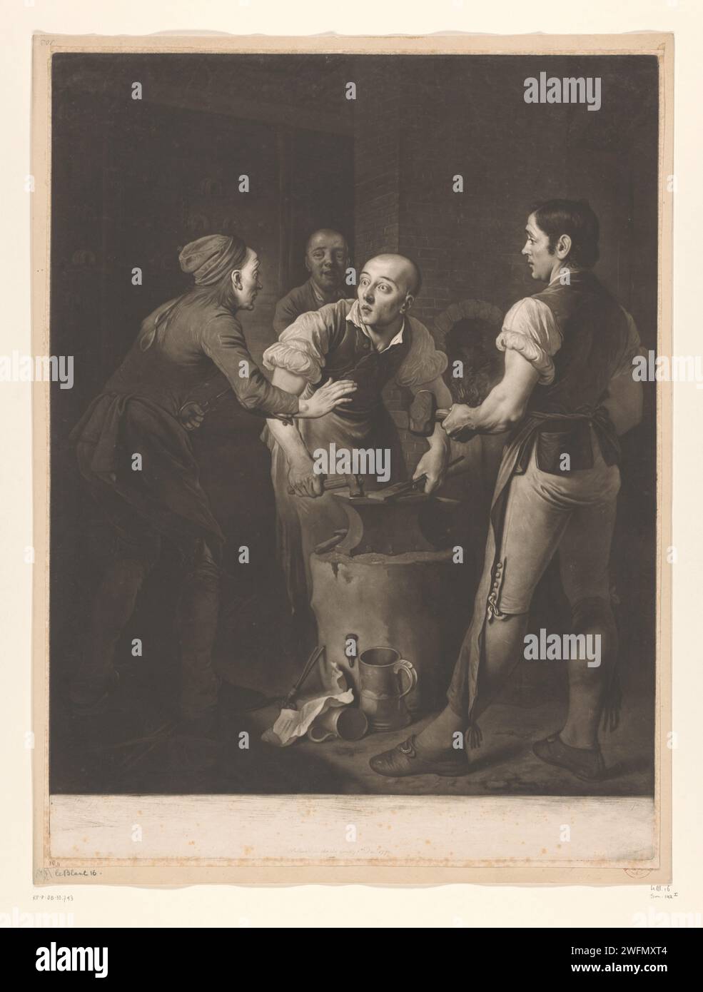 Four men in a forge, Richard Houston, after Edward Penny, 1770 print  London paper  smith, blacksmith. forging (industrial process). slander Stock Photo