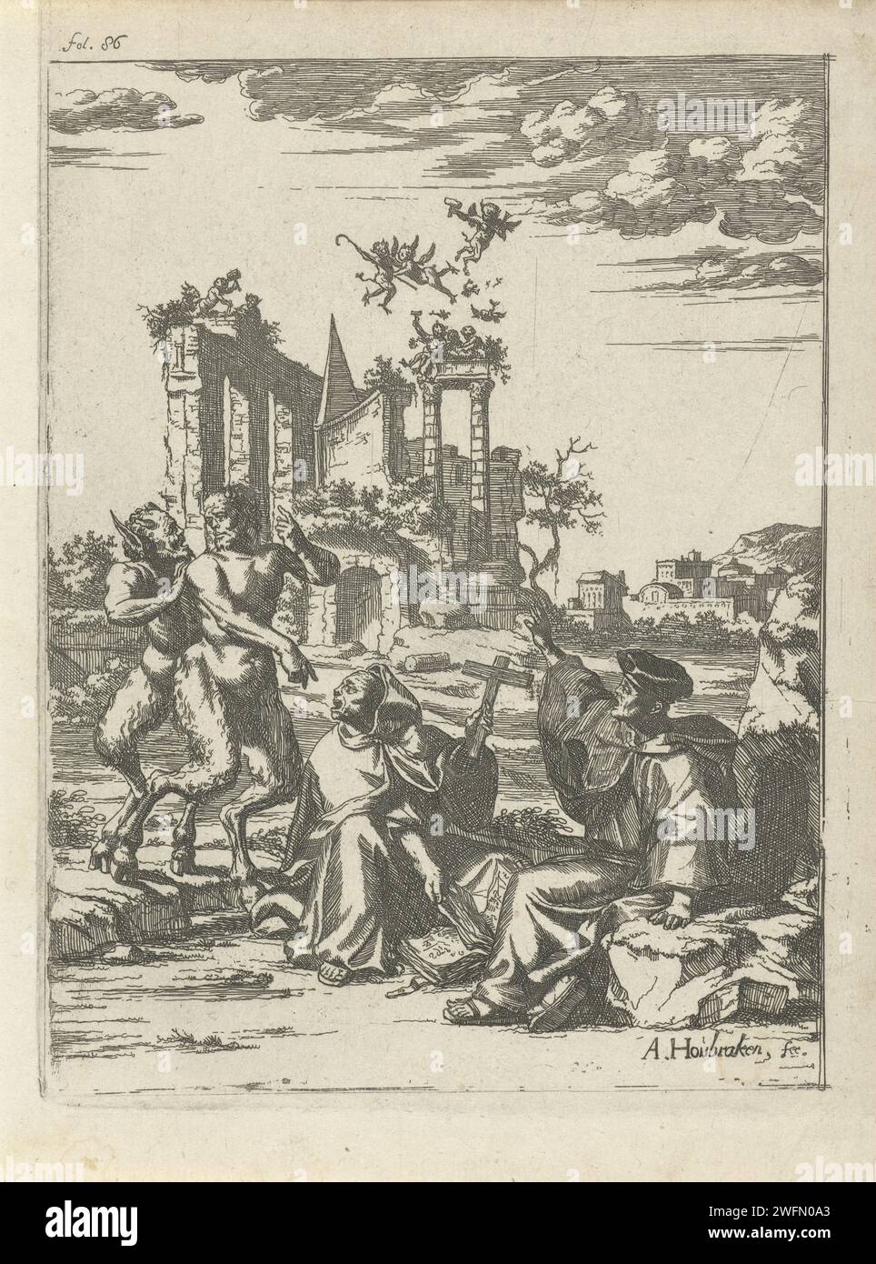 Two Saters and two clergy, Arnold Houbraken, 1699 print Two saters in two clergy in a landscape. The clergymen make repellent gestures and raise a crucifix. In the background a ruin above which angels and devils float. At the top right: Fol 4. Print used in the book: Toneel der Accidents by Lambert van den Bos with a total of twenty prints by Arnold Houbraken. publisher: Dordrechtpublisher: Rotterdam paper etching satyr(s) (in general). landscape with ruins (+ city(-scape) with figures, staffage). monk(s), friar(s) (+ devil(s)). cross as symbol of Christ Stock Photo