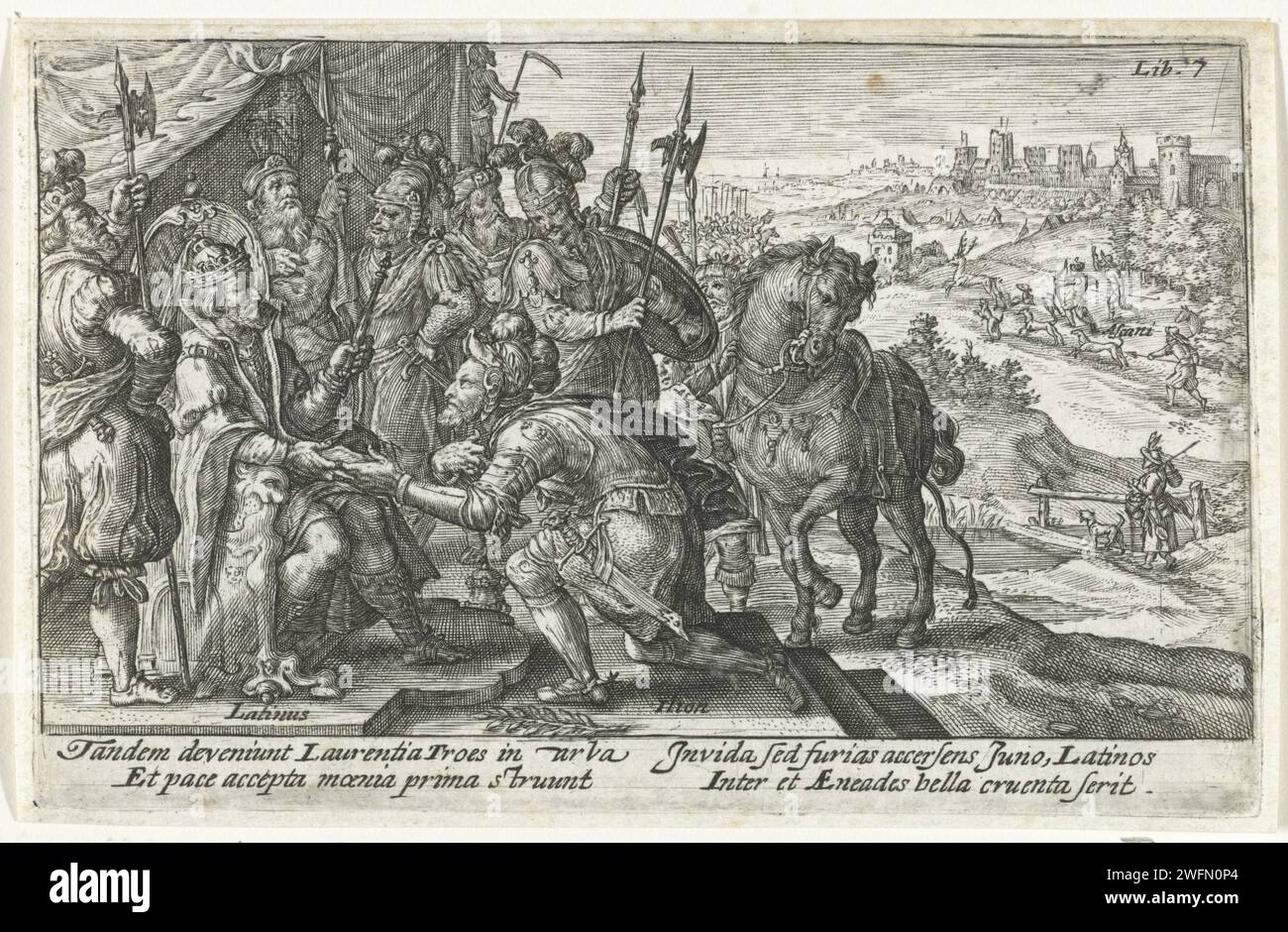 Aeneas visits King Latinus, Crispijn van de Passe (I), 1612 print Aeneas visits King Latinus, who offers him to marry his daughter Lavinia. On the right in the background Ascanius, who sheds a deer down at the hands of Alecto. On the left in the background the battle between the men of Turnus and Aeneas. In the margin a four -line caption, in two columns, in Latin. Utrecht paper engraving the Trojan embassy sent by Aeneas is welcomed by Latinus, who offers to make an alliance and to give Lavinia in marriage. Turnus opposes Aeneas and his troops on the beach. the wounding of the sacred stag by Stock Photo