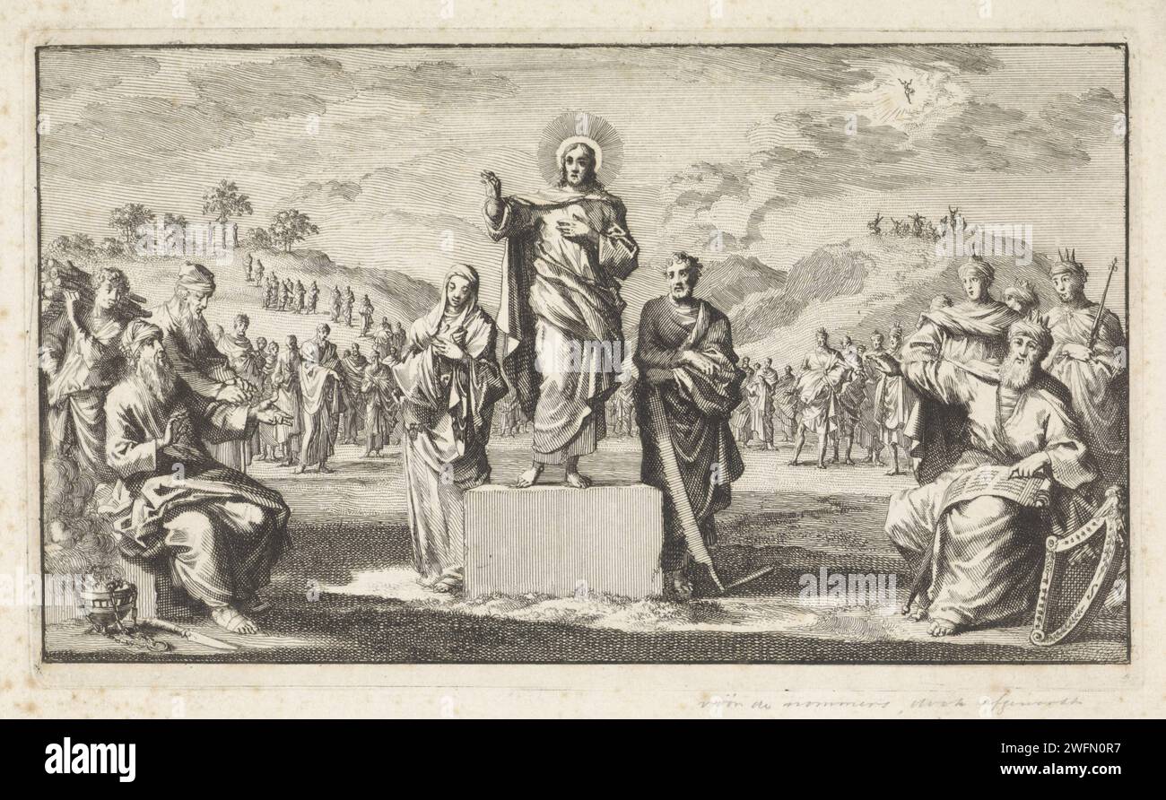 Christ on a pedestal with his forefathers, Jan Luyken, 1700 print In the middle Christ is on a pedestal. He makes a blessing gesture. Joseph and Maria left and right. On the left the three patriarchs: Abraham, Isaac and Jakob. On the right the kings of Israel, with King David in front. In the background on the left Adam and Eva in paradise and in the background on the right the Ascension of Christ. Amsterdam paper etching Holy Family with others, e.g.: Anna. the three patriarchs together: Abraham, Isaac, Jacob (not in biblical context). David (not in biblical context); possible attributes: cro Stock Photo