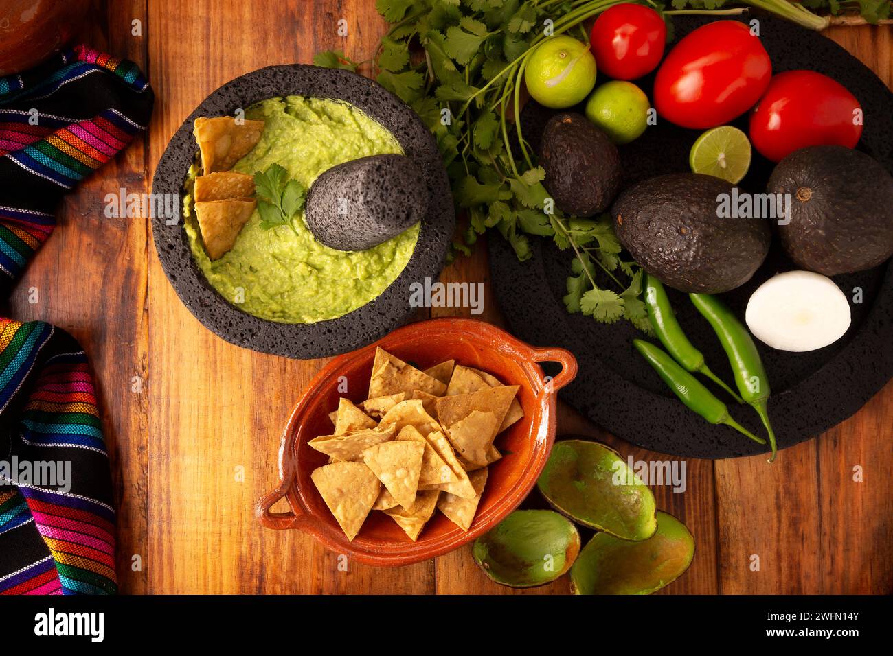 Guacamole. Avocado dip with tortilla chips also called Nachos served in