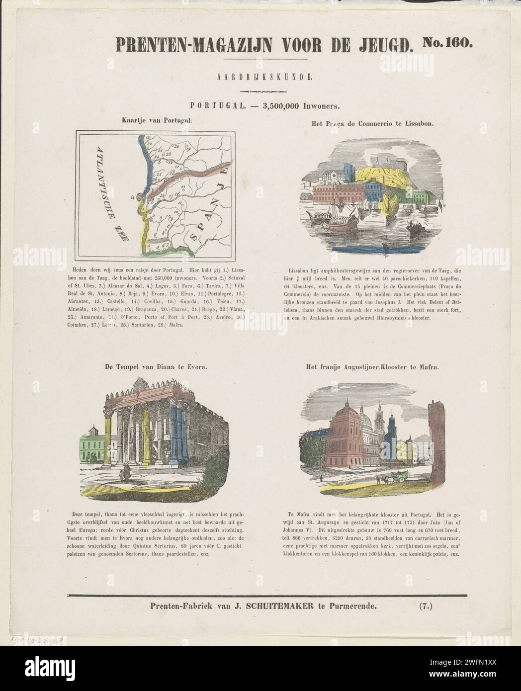 Portugal. - 3,500,000 residents, 1850 print Leaf with 4 performances about Portugal with a map and important buildings: the Praça do Comércio in Lisbon, the Roman temple in Évora and Mafra's palace. A title and a caption under each performance above each performance. Numbered at the top right: No. 160, numbered at the bottom right: (7.). Publisher: Purmerendprint Maker: Netherlands paper letterpress printing maps, atlases Portugal. Commerce Square. ROMENSE TEMPEL (Évora). Mafra Stock Photo