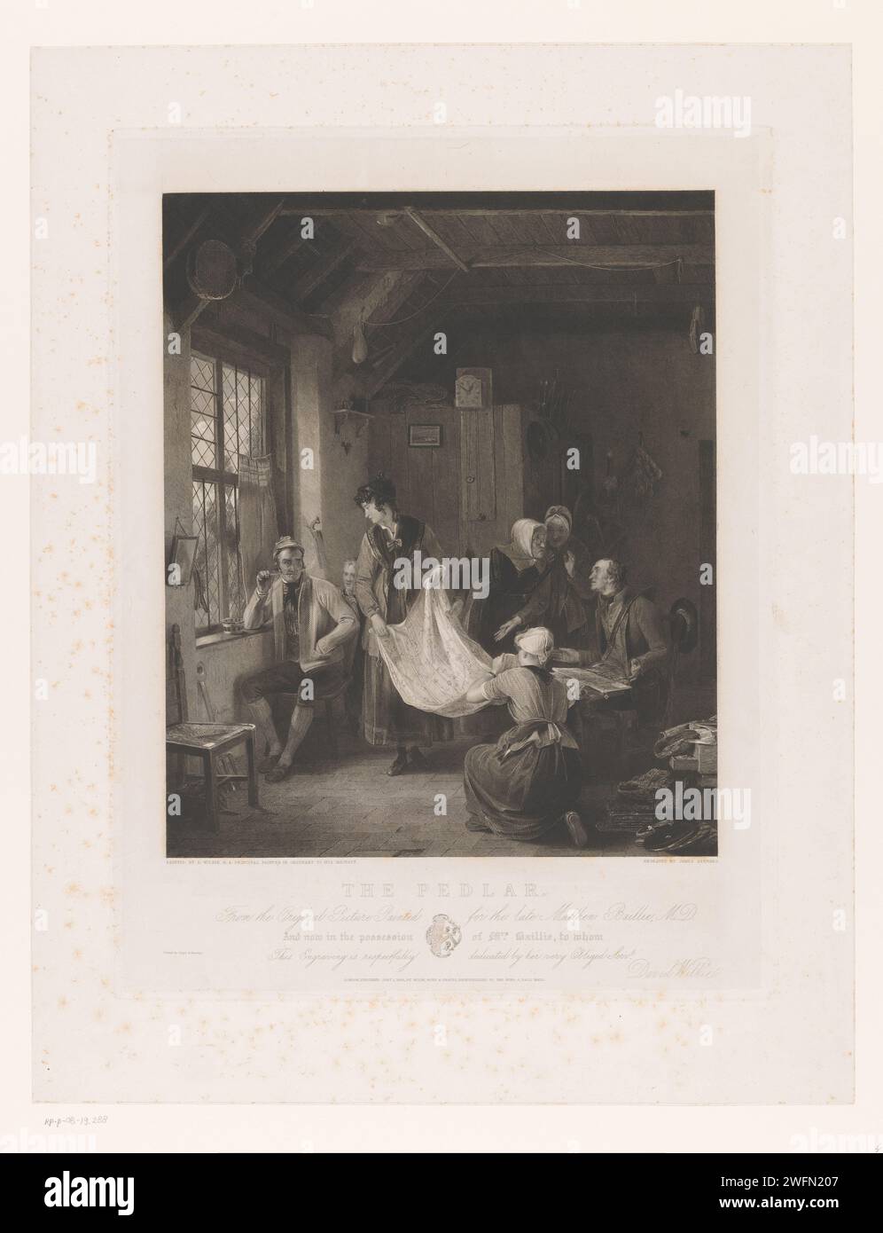 Marskramer in a living room, James S. Stewart, after David Wilkie, 1834 print  London paper. etching / engraving pedlar. family life at home Stock Photo