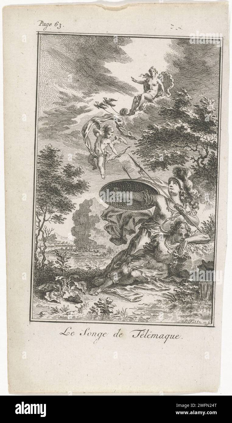 Minerva protects Telemachus against arrows of Amor, Simon Fokke, 1775 print Minerva keeps her shield above Telemachus to prevent the arrows of Amor from touching him. In the air, Venus rests on a shell pulled by pigeons. Print on top left marked: Page 63. Amsterdam paper etching (story of) Telemachus. (story of) Minerva (Pallas, Athena). sleeping; unconsciousness - BB - out of doors. (story of) Venus (Aphrodite) Stock Photo