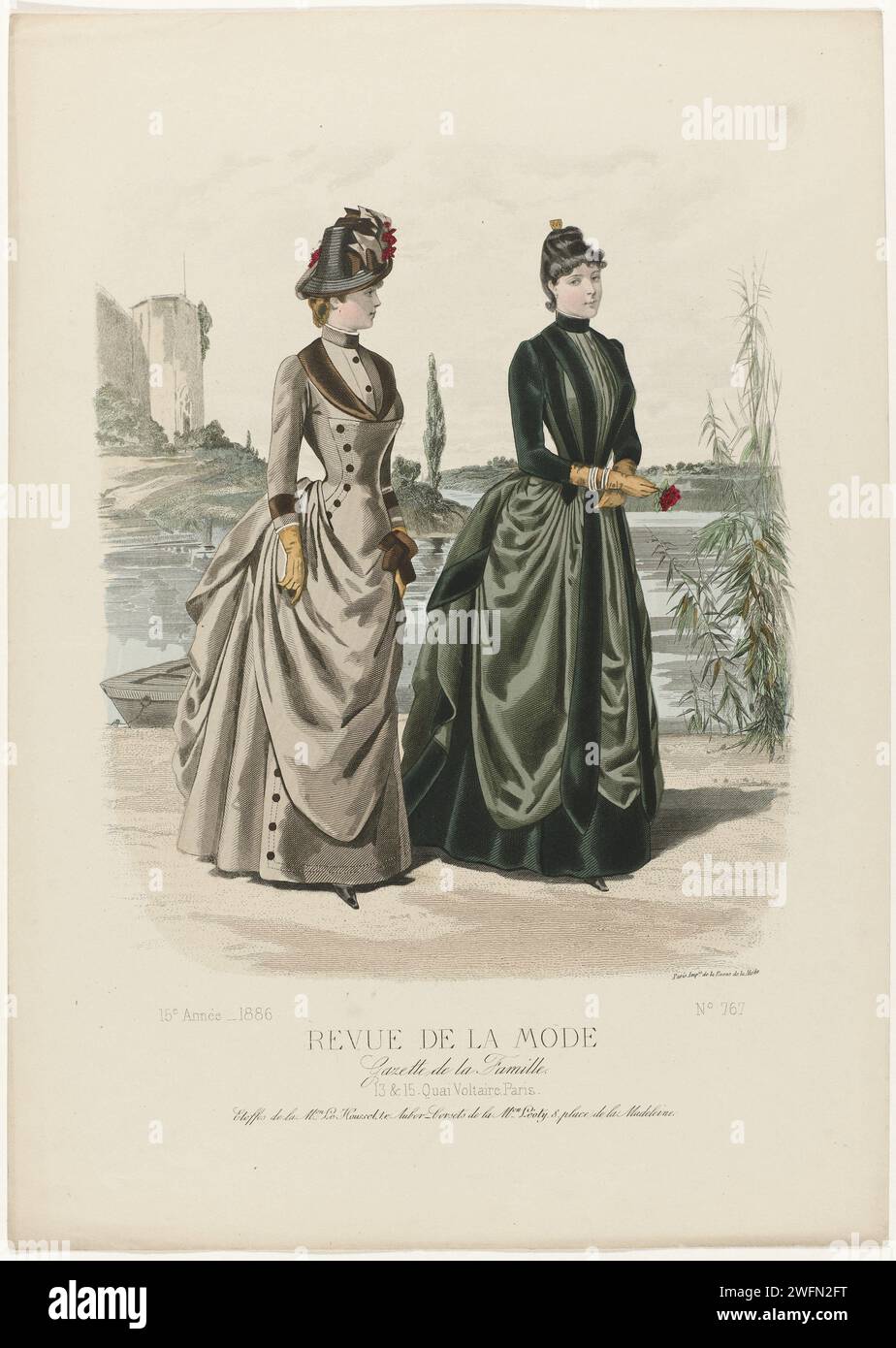 Fashion review, family gazette, Sunday September 12, 1886, 15th year, No. 767: Etoffes de la M.on Le Houssel (...), Anonymous, 1886  Two women walking along a river. Left: 'toilette' of brown wool and bronze -colored velor, suitable for a young woman. Right: 'toilette' of dark moss green velor and light moss green satin. Under the performance a rule of advertising text for different products. Print from the fashion magazine Revue de La Mode (1872-1913). Detailed description of the clothing on pages 291 and 292 'planche coloriée'. Paris paper engraving fashion plates. dress, gown (+ women's clo Stock Photo