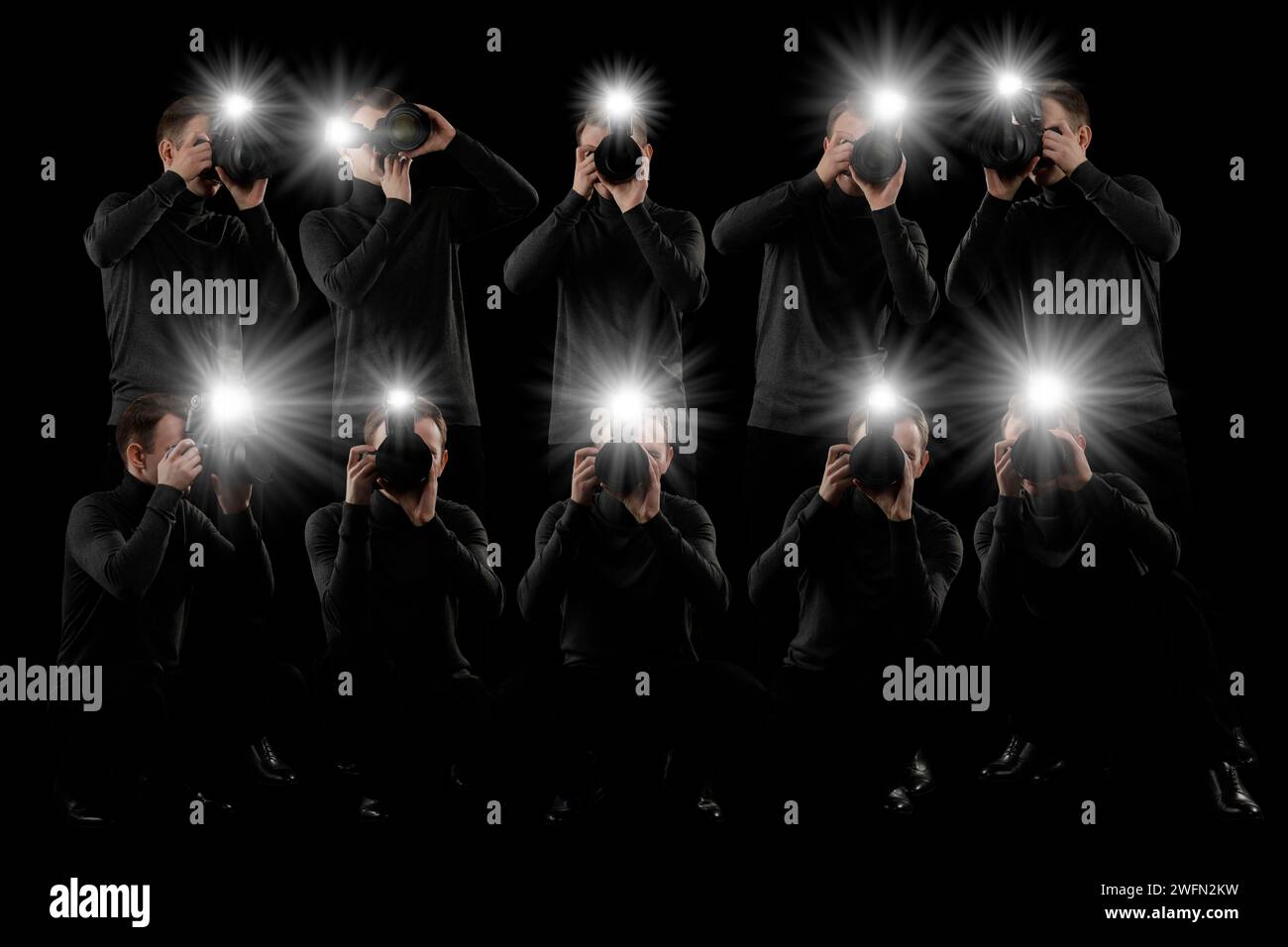 Group of photographers with cameras on black background. Paparazzi ...
