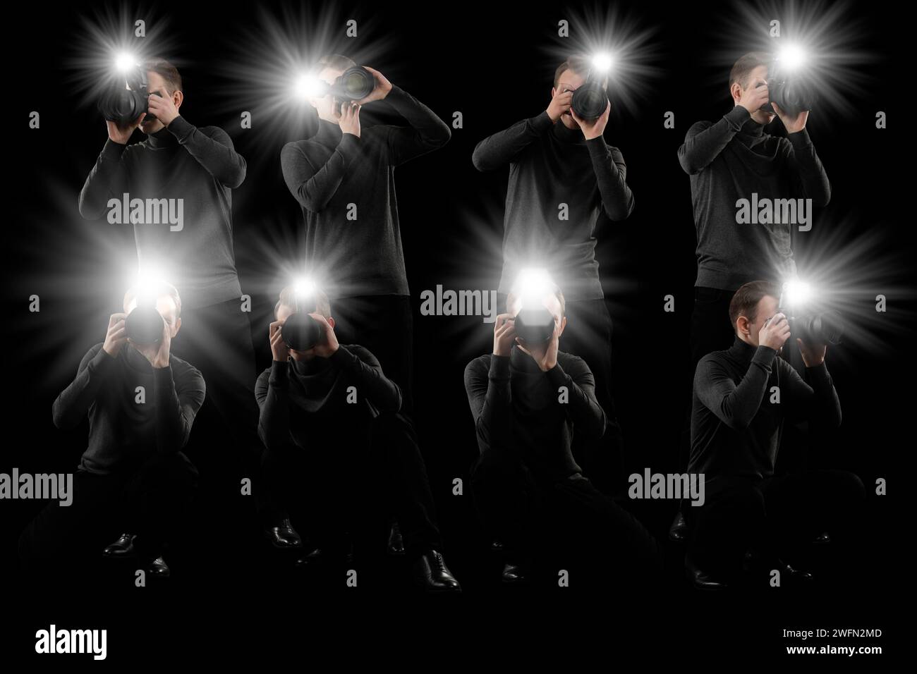 Group of photographers with cameras on black background. Paparazzi ...