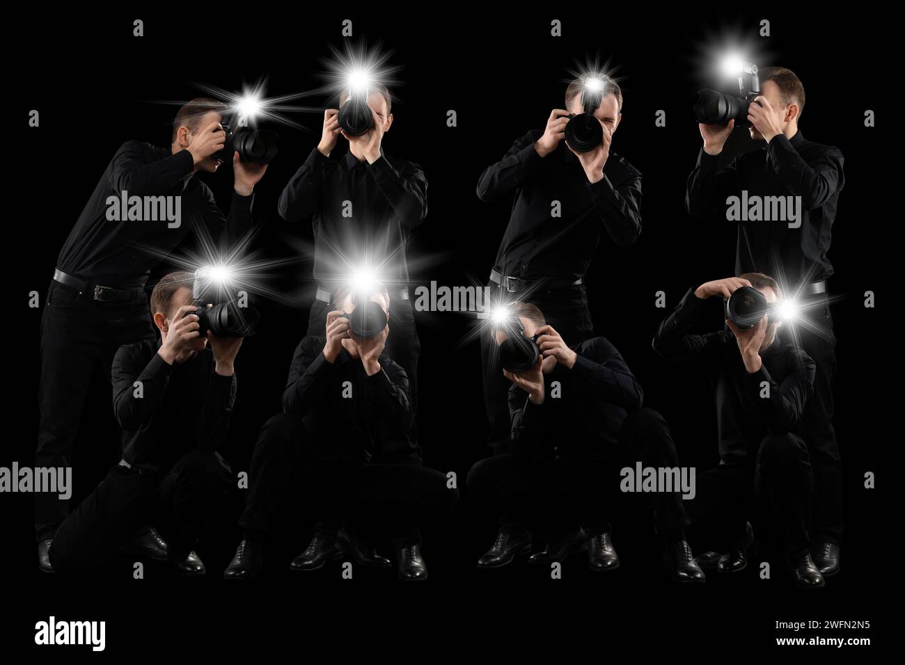Group of photographers with cameras on black background. Paparazzi ...