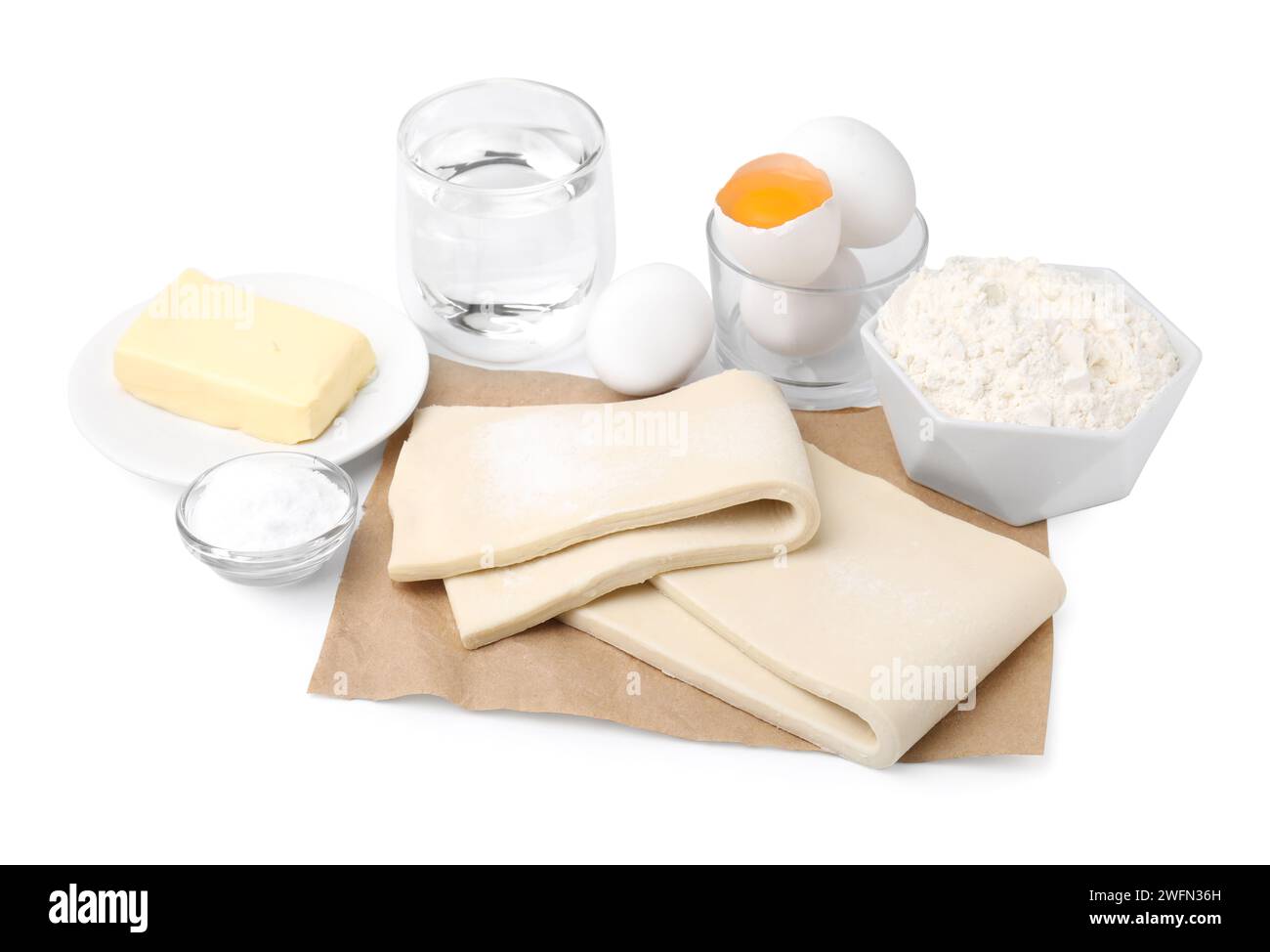 Raw puff pastry dough and ingredients isolated on white Stock Photo - Alamy