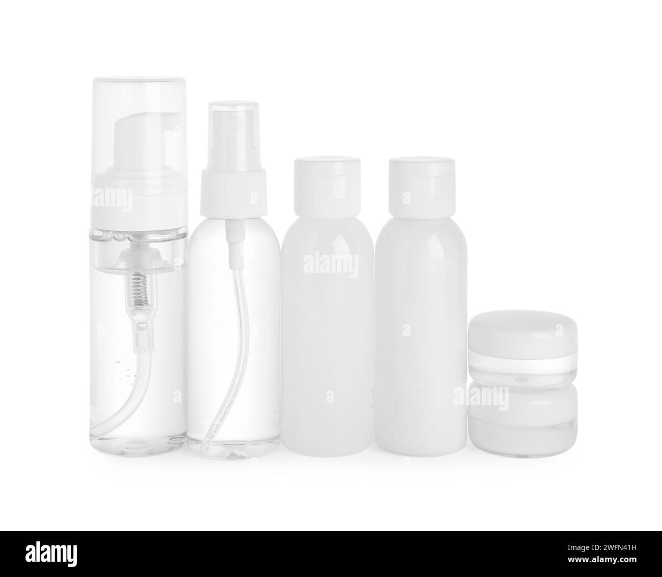 Cosmetic travel kit isolated on white. Bath accessories Stock Photo Alamy