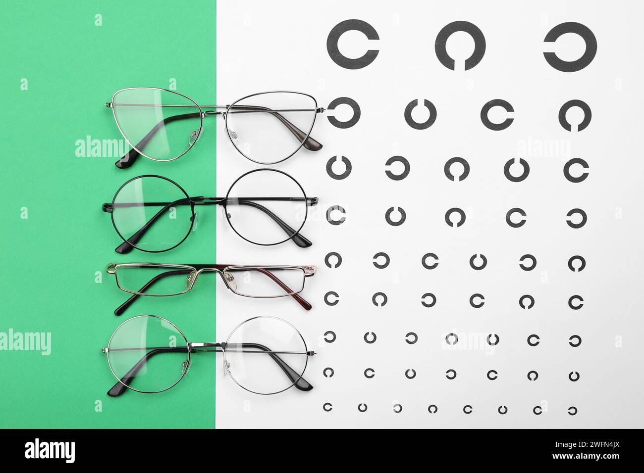 Vision Test Background Vision test chart and glasses on green background, flat lay Stock Photo ...