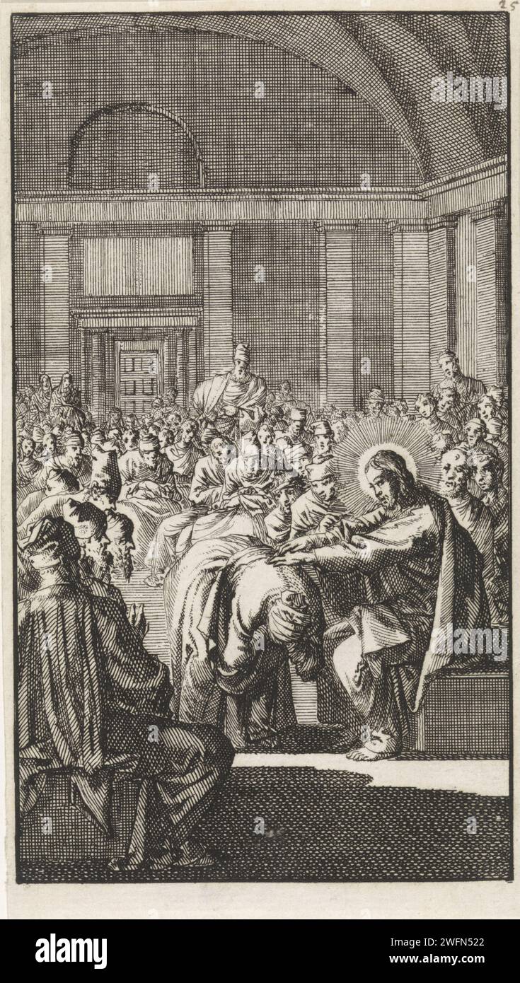 Christ lays his hand on the crooked wife jan luyken 1712 print