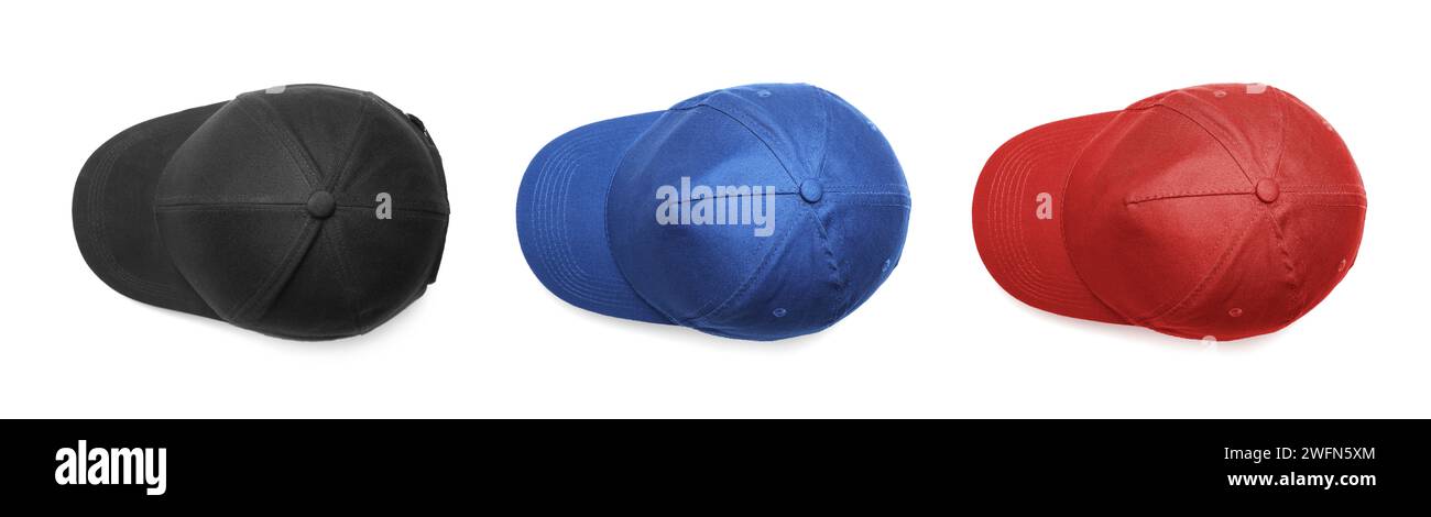 Stylish baseball caps isolated on white, top view Stock Photo - Alamy