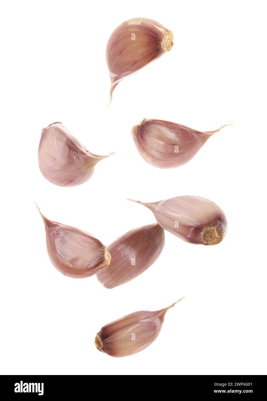 Fresh garlic cloves falling on white background Stock Photo