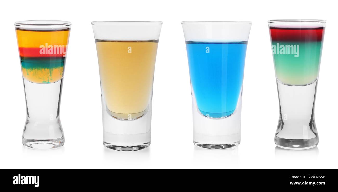 Different shooters in shot glasses isolated on white, set Stock Photo