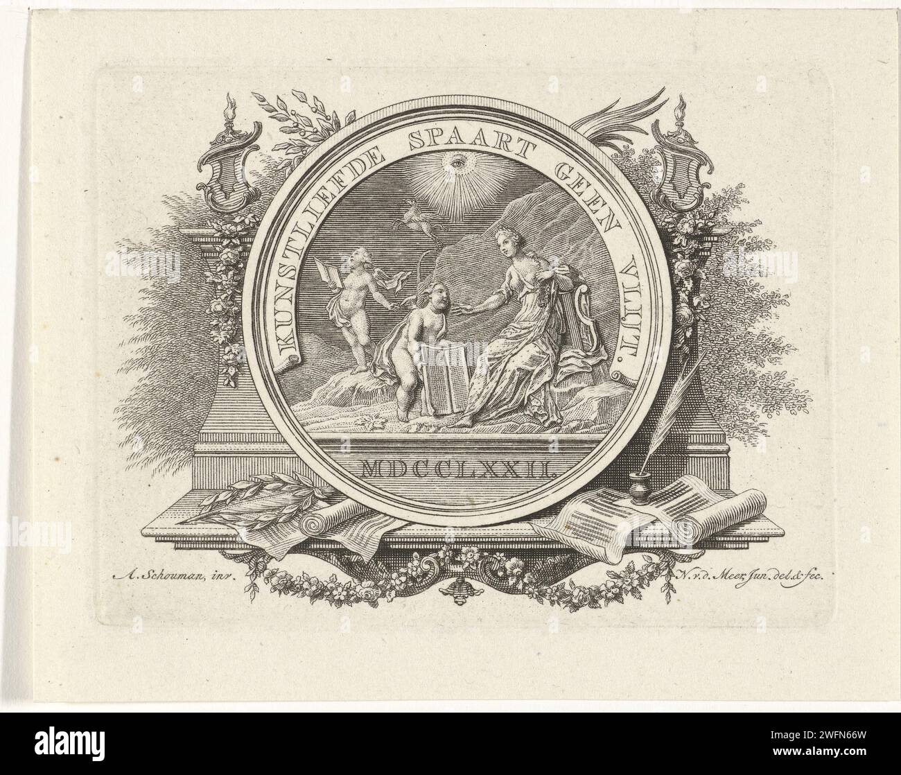 Emblem of the Society 'Kunstliefde does not save a diligence' in The Hague, Noah van der Meer (II), After Aert Schouman, 1772 - 1773 print Vignette with medallion with the emblem of the poetry 'Kunstliefde does not save a diligence' in The Hague. The Society was founded in 1772. Erato, the muse of the lyricism, with a winch on Mount Helicon. Amsterdam paper etching / engraving Erato (one of the Muses); 'Erato' (Ripa). the all-seeing eye, triangle with eye  symbol of God the Father. cupids: 'amores', 'amoretti', 'putti'. Pegasus, the winged horse The Hague Stock Photo
