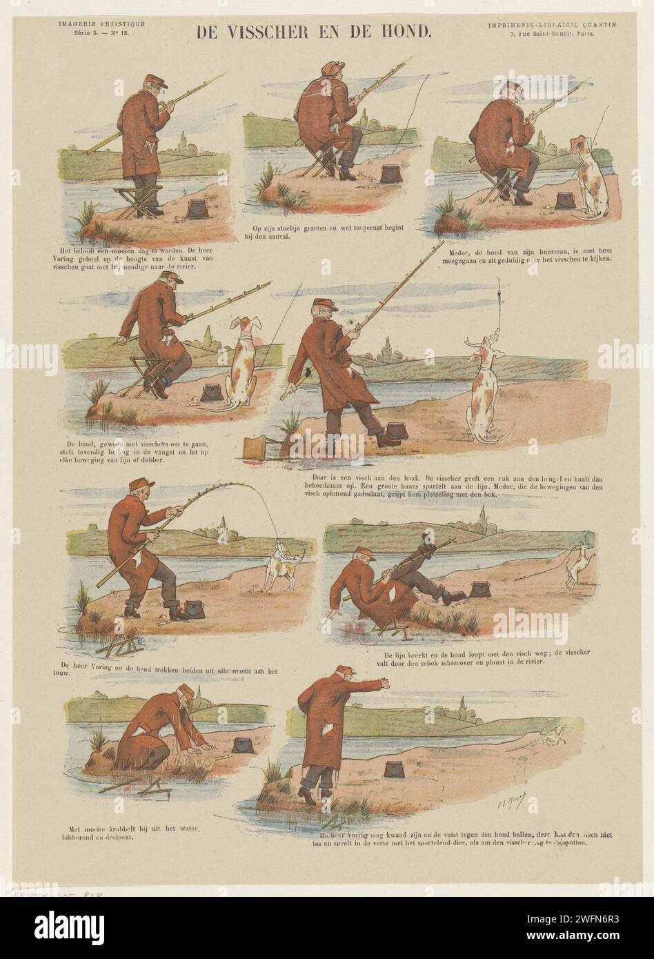 De Visscher and De Hond, 1888 print Leaf with 9 performances from the story of Mr. Vooring who is going to fish. The neighbor's dog ran away with the catch. A caption under each performance. Numbered in the top left: Série 5. - No. 18. Paris paper letterpress printing tales and fairy tales. fisherman. dog Stock Photo