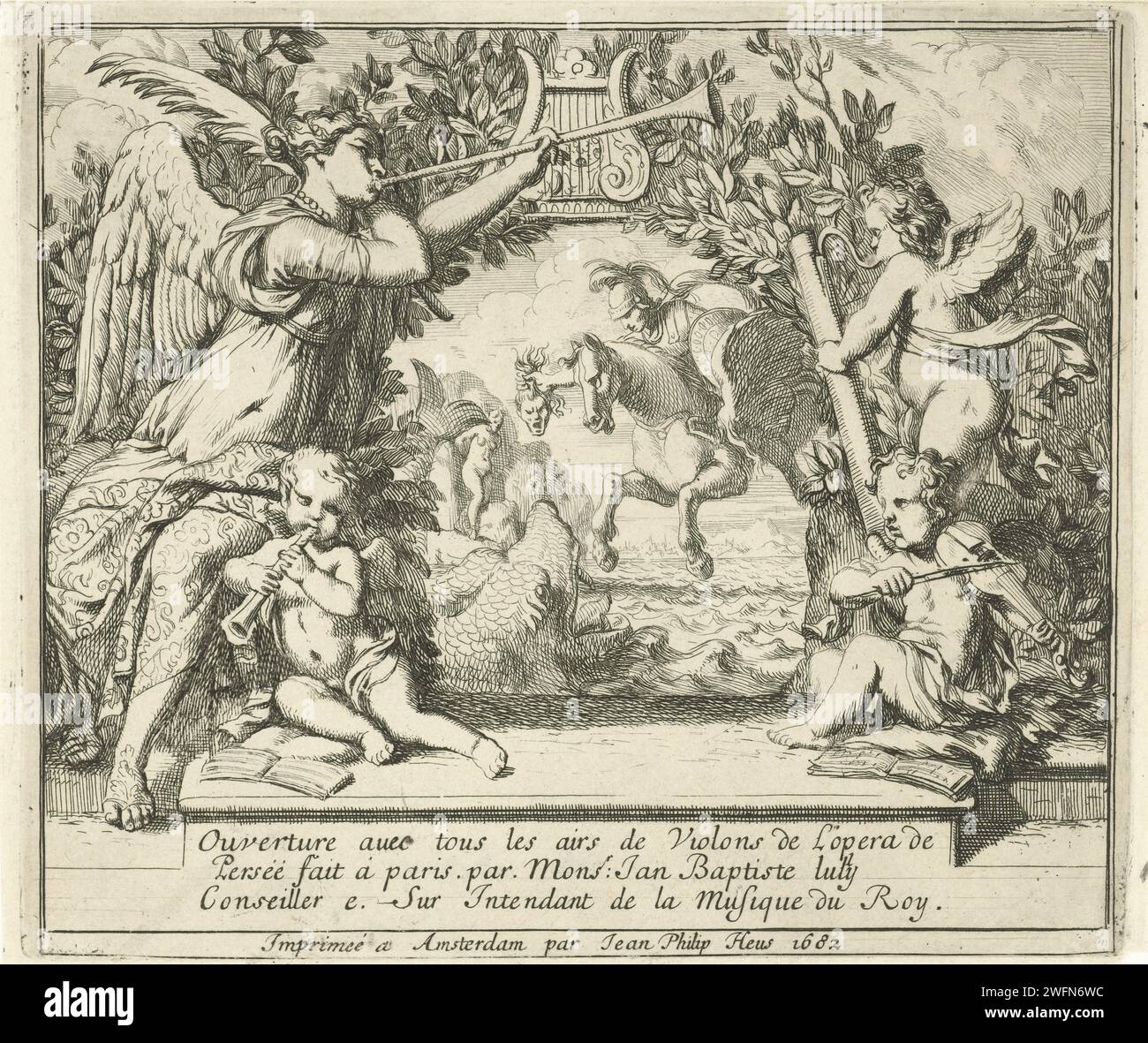Perseus with the head of Medusa, Gerard de Lairesse (Rejected Attribution), 1682 print Perseus flies on horseback above the sea and holds the chopped head of Medusa on the Snakesharen. In front of him is a sea monster, andromeda are chained to a rock on the left in the background. The mythological scene is framed with foliage. To the left of this, the fame De Bazuin blows, three putti make music on either side. At the bottom of the print is a three -faced caption in French. Amsterdam paper etching Perseus Shows Andromeda The Head of Medusa Mirrored in the Water. Hunger; 'Fama', 'Good fame', 'C Stock Photo