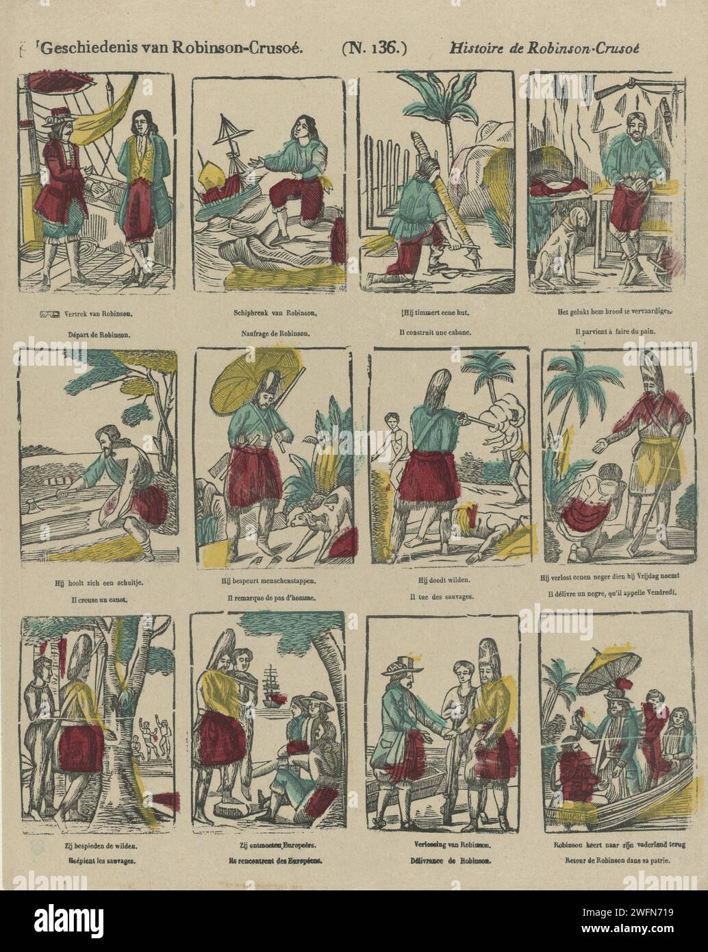 Geschiedenis van Robinson-Crusoé / History of Robinson-Crusoé, 1800-1833 print Leaf with 16 ...