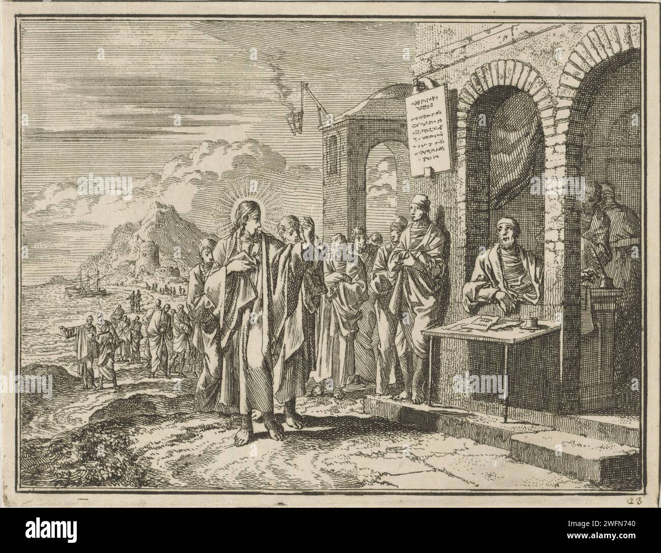 Calling of Mattheus, Jan Luyken, 1712 print  Amsterdam paper etching calling of Matthew (Levi), the tax-collector (usually with money lying on the table and people paying taxes) (Matthew 9:9; Mark 2:14; Luke 5:27-28) Stock Photo