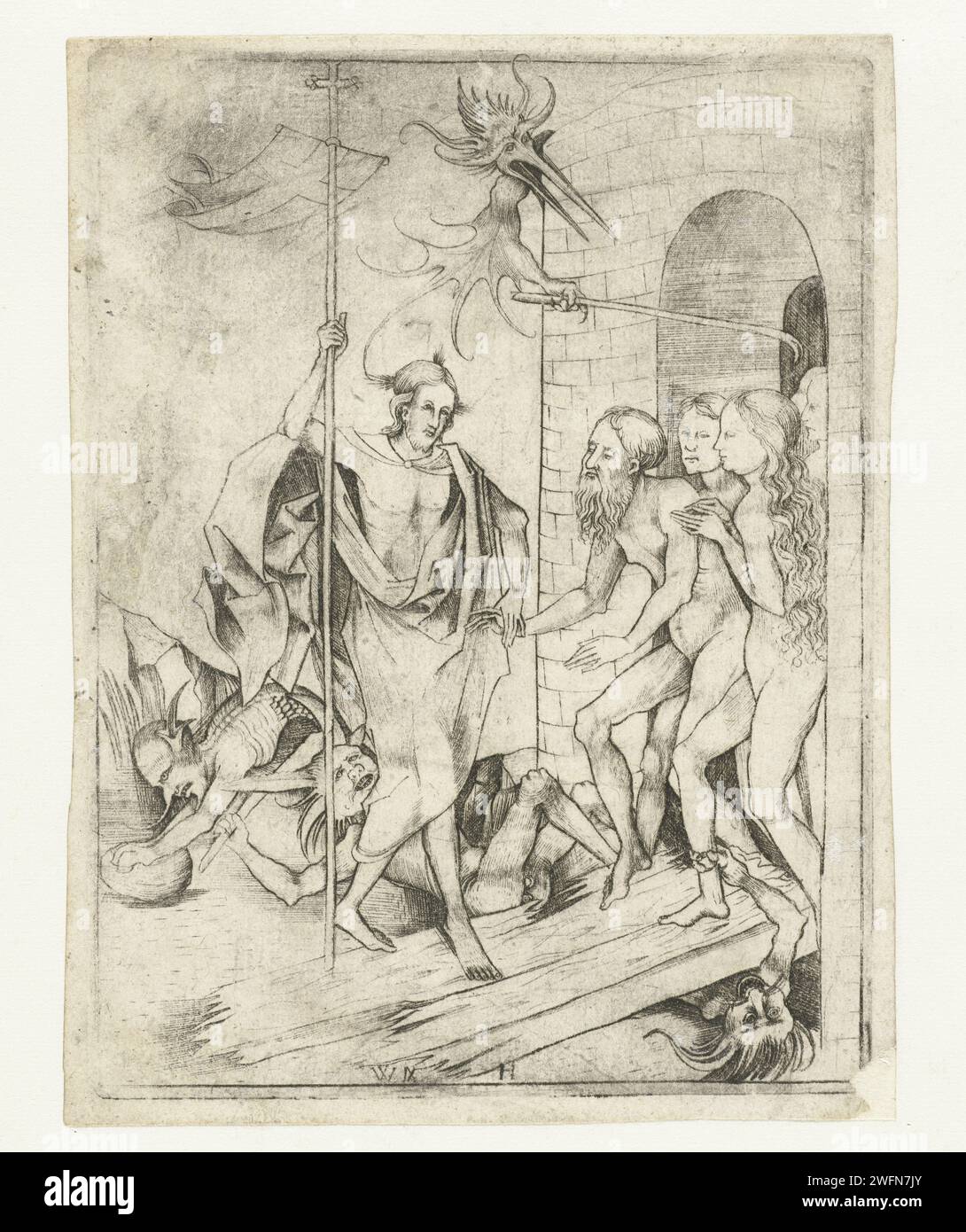 The descent into the Borgste, monogramemist Wah, after monogram AG (15th century), 1475 - 1491 print Christ, a staff with a vane in hand, frees souls from a dungeon. Devilish being try to hinder Christ, but without success. This print is part of a series of prints with scenes from the suffering story, copies to prints of the monogram miss AG. Print Maker: Germanyprint Maker: Bocholt (Germany) paper engraving Christ leaving hell: he liberates patriarchs, prophets, kings and other persons from hell, among them Adam, Eve, Moses, David, and John the Baptist Stock Photo