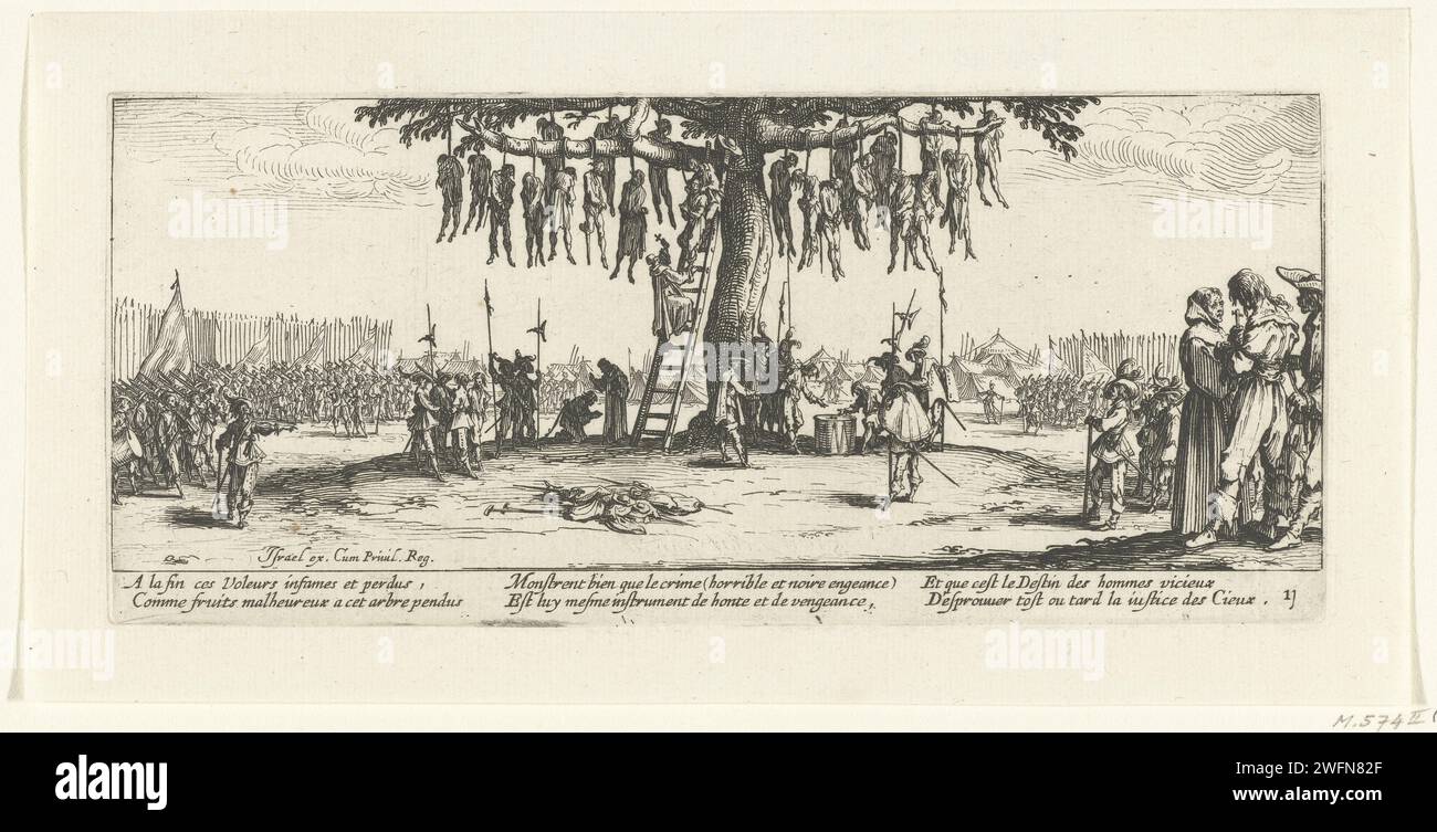 Penimal measures: suspension, Jacques Callot, 1633 print In an open space in an army camp, many soldiers have been gathered around a large tree with 21 corpses hanging and even more executions will take place due to suspension. One convicted person is converted the noose, a few others in turn wait. On the right in the foreground is a convicted person in conversation with a spiritual one. Under the show a six -line French verse. This print is part of a series of 17 (18 incl. Title print) prints with performances of various types of misery that warfare entails. print maker: Nancypublisher: Paris Stock Photo