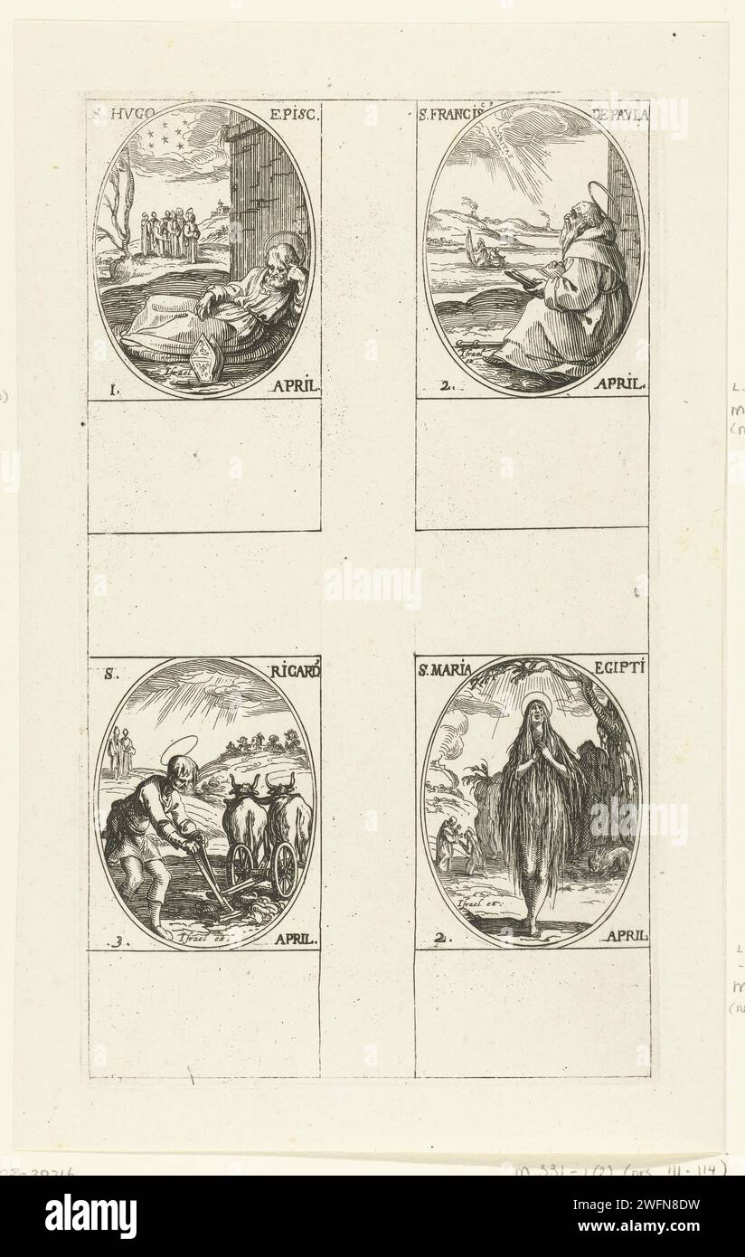 Holy Hugo van Grenoble, Holy Francis of Paola, Saint Mary of Egypt, Holy Richardus van Chichester (1-3 April), Jacques Callot, 1632 - 1636 print Leaf with four oval representations, each with inscription and date in Latin: at the top left, Saint Hugo Sleeping next to his miter near a building, at the top right, the Holy Francis of Paola sitting by a building with a view of a bay, below the Holy Mary of Egypt shrinked In her long hair, bottom left the Holy Richard on the land with a team. This print is part of a series of prints with representations of the saints and the Christian holidays of t Stock Photo