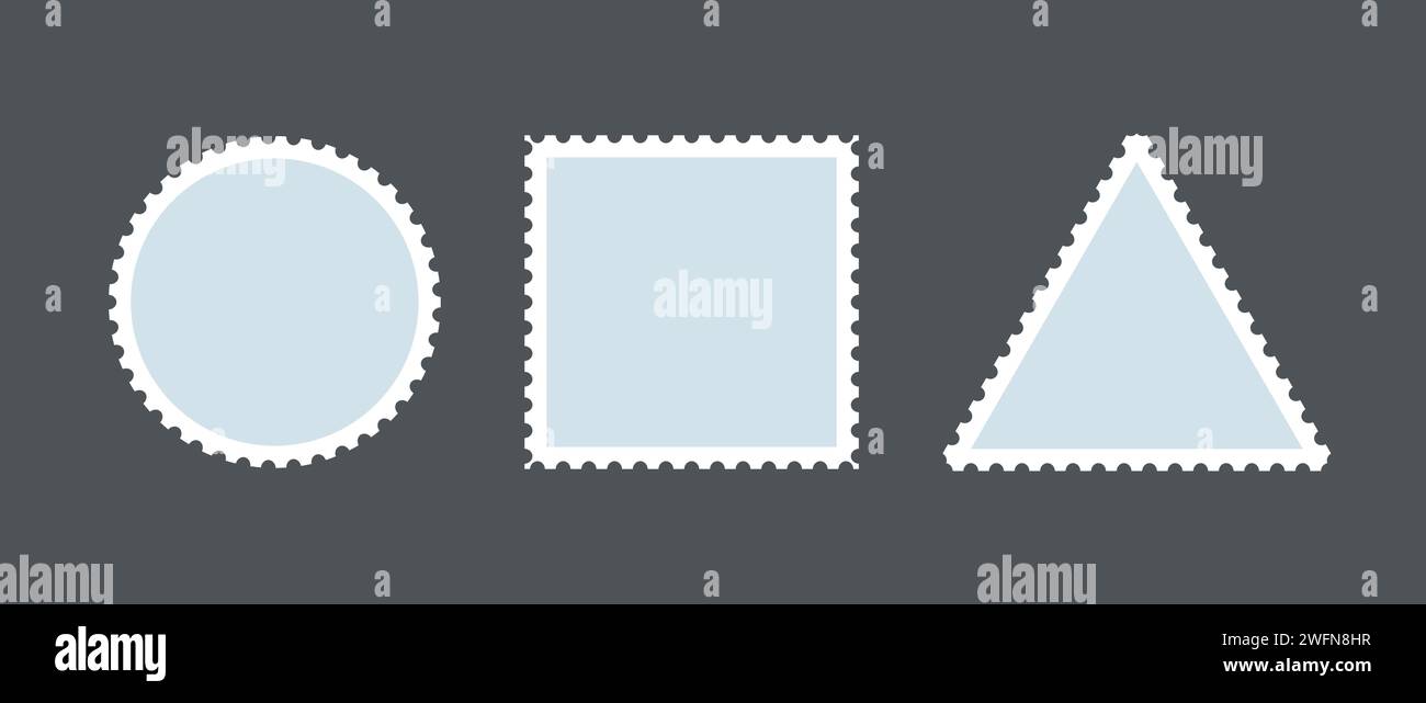 Light blue postage stamp set. Post stamp frames or borders. Round, square, triangle template for mail, postcard, letter. Vintage jagged wavy edge form or object for banner, badge, sticker. Vector Stock Vector