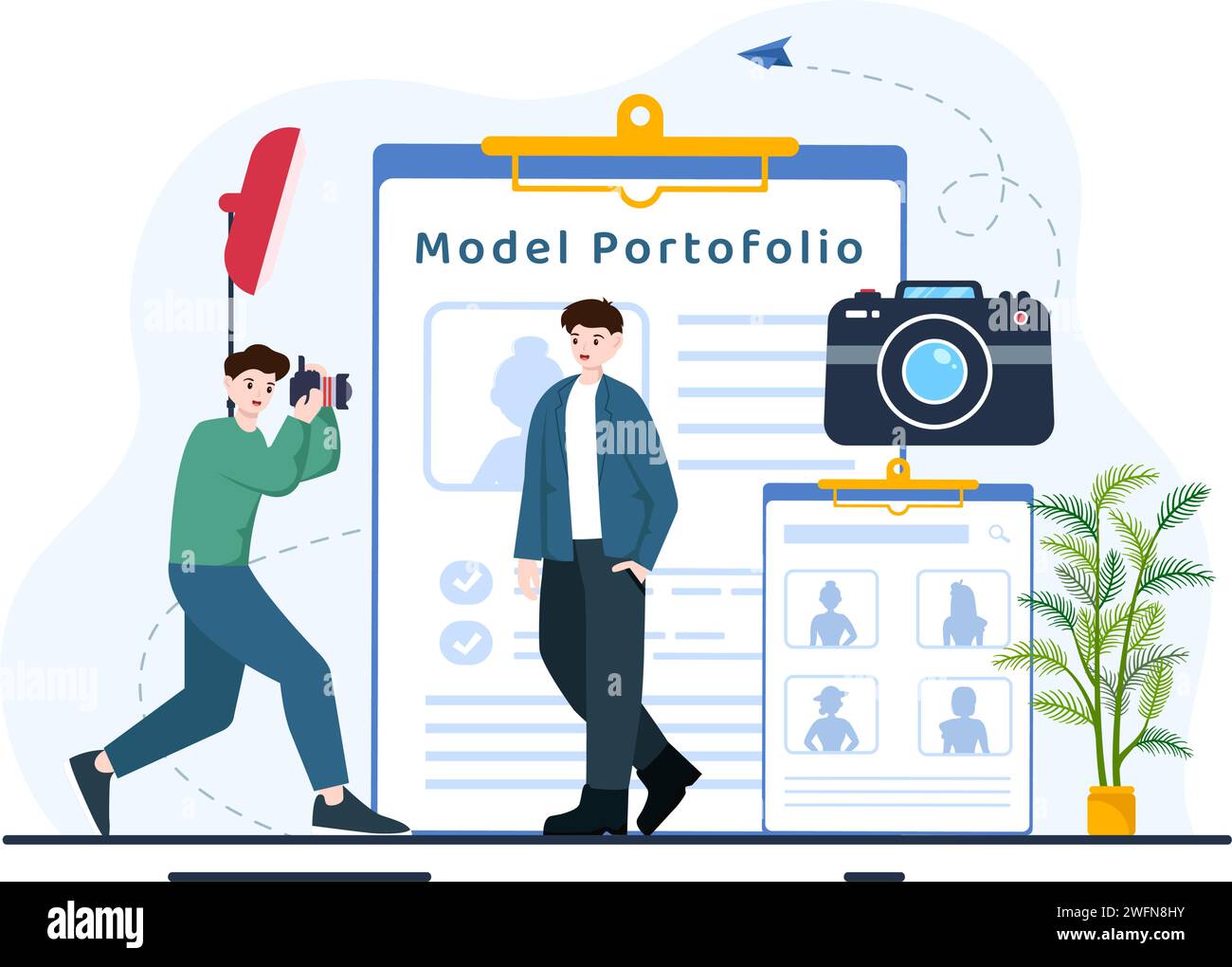 Model Portfolio Vector Illustration with Modeling Agency Manager and Photographer take Photos of Model in Platform Flat Cartoon Background Design Stock Vector