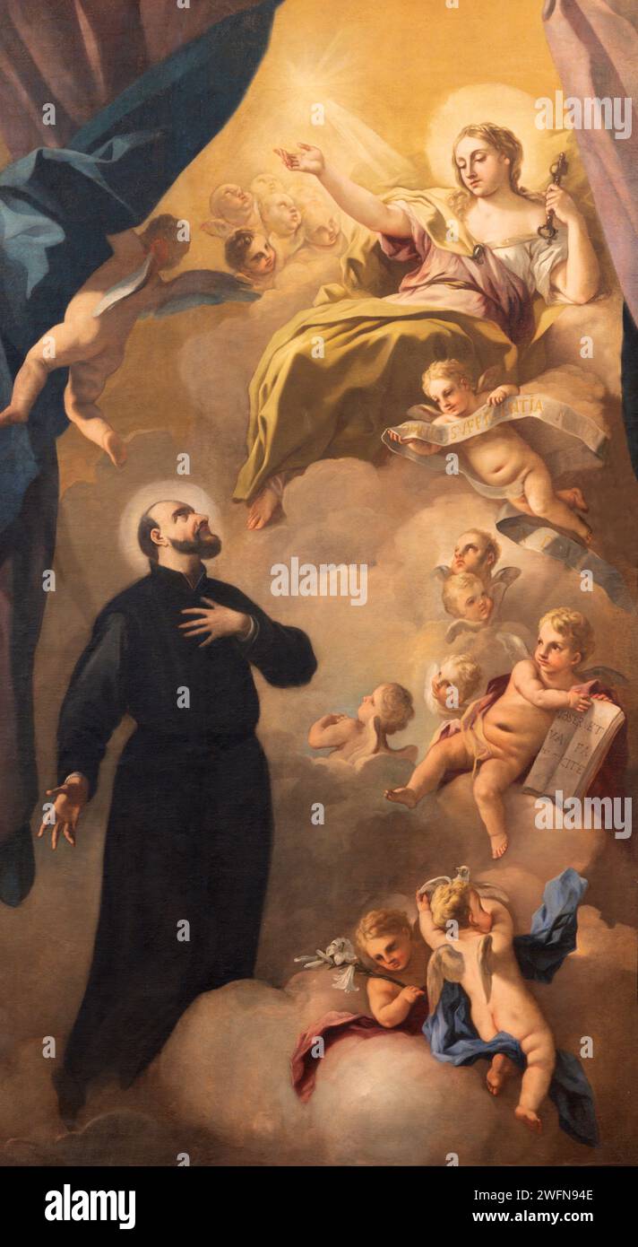 VICENZA, ITALY - NOVEMBER 6, 2023: The painting of St. Cajetan of Tiene on the main alta of church Chiesa di San Gaetano by unknown baroque artist. Stock Photo