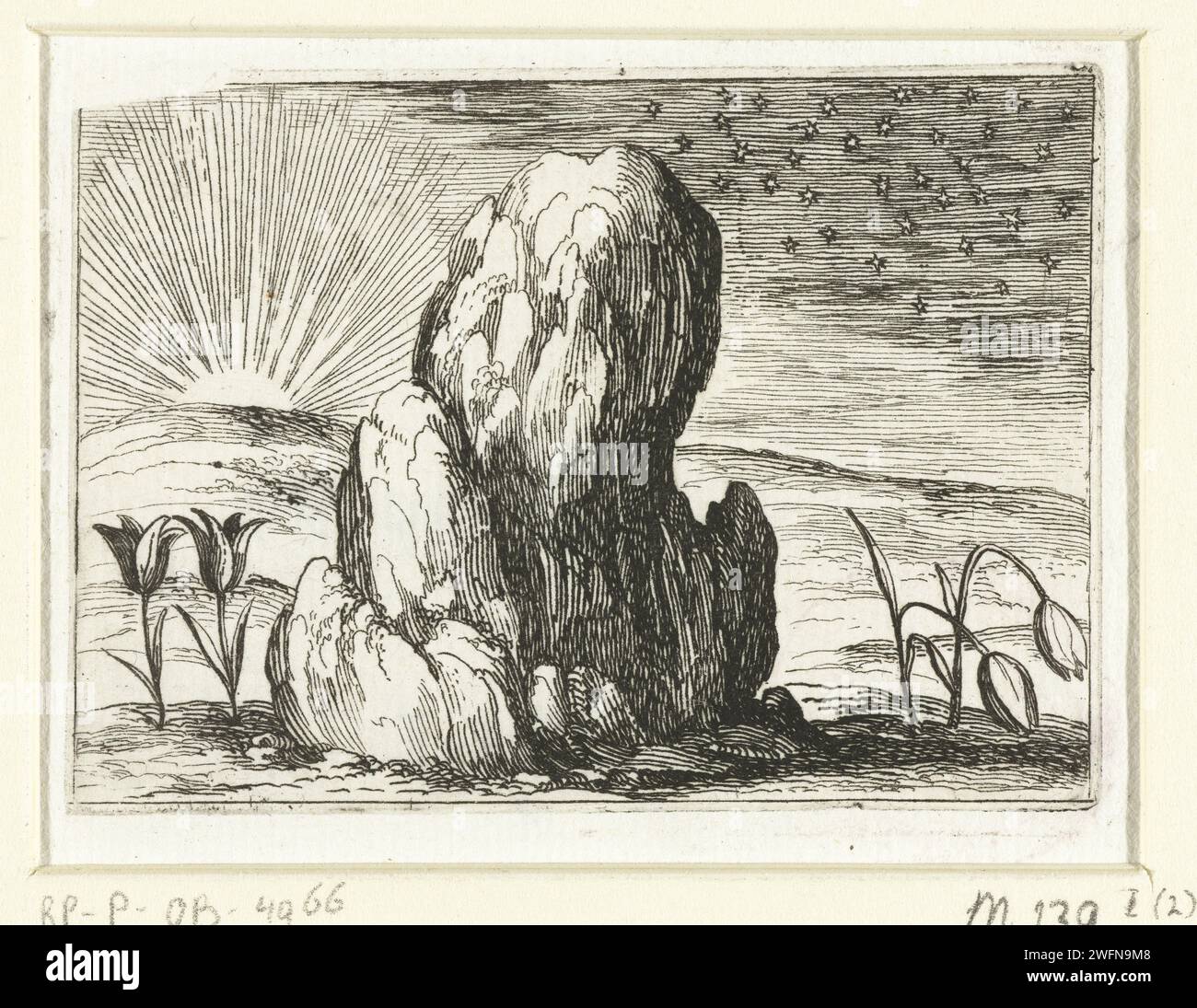 Tulips and the sun, Jacques Callot, 1621 - 1635 print Presentation of two tulips upright in the sun, bent next to two tulips under a nightly sky. This magazine is part of the emblem series 'Monastic Life in Emblemen'. In addition to an illustrated title page and 26 emblems, the second state of this series is a title page and a magazine with assignment, both in book print without image. Nancy paper etching flowers: tulip. day and night Stock Photo